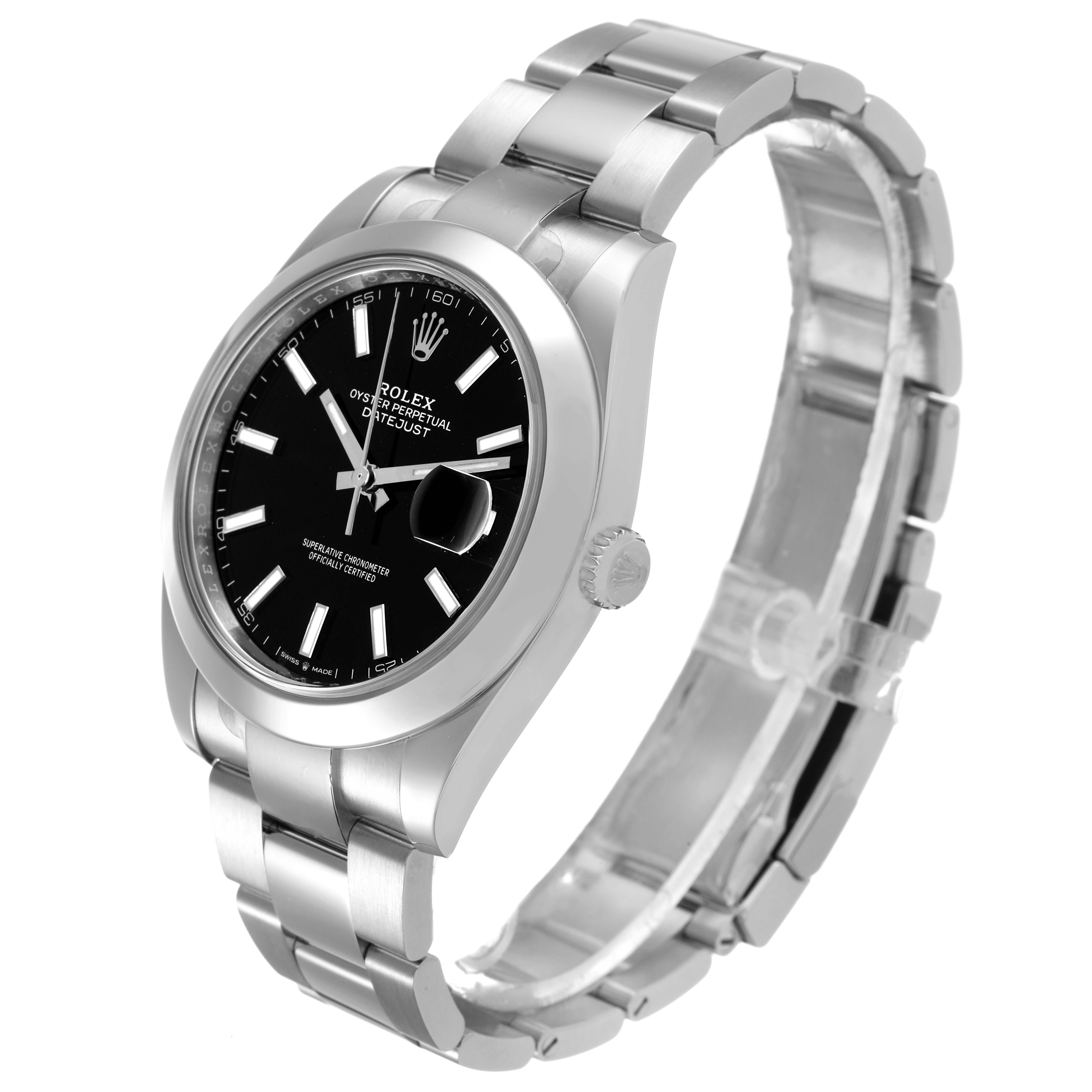 The Rolex Datejust 41 126300 Men's Stainless Steel Black Dial is shown at a three-quarter angle, displaying the face, bezel, crown, and bracelet.