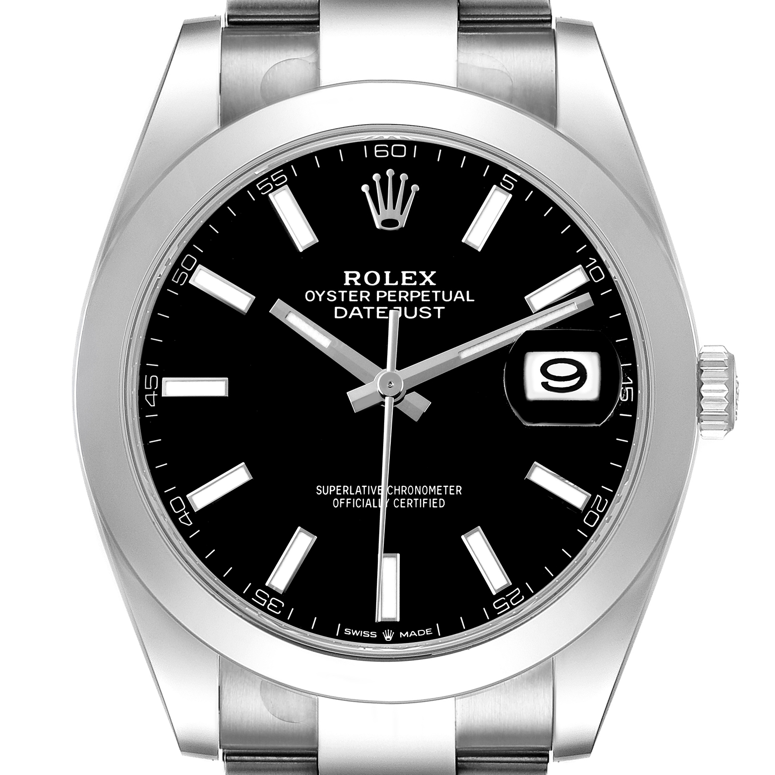 The Rolex Datejust 41 126300 Men's Stainless Steel Black Dial is shown from a front angle, highlighting the dial, hands, indices, bezel, and date window.