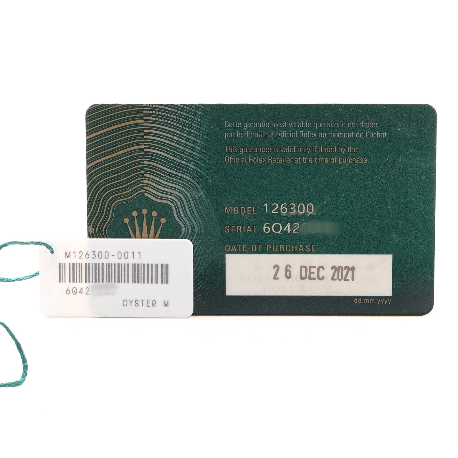 The image shows a warranty card and tag for a Rolex Datejust 41 126300 Men's Stainless Steel Black Dial, including model and serial numbers.