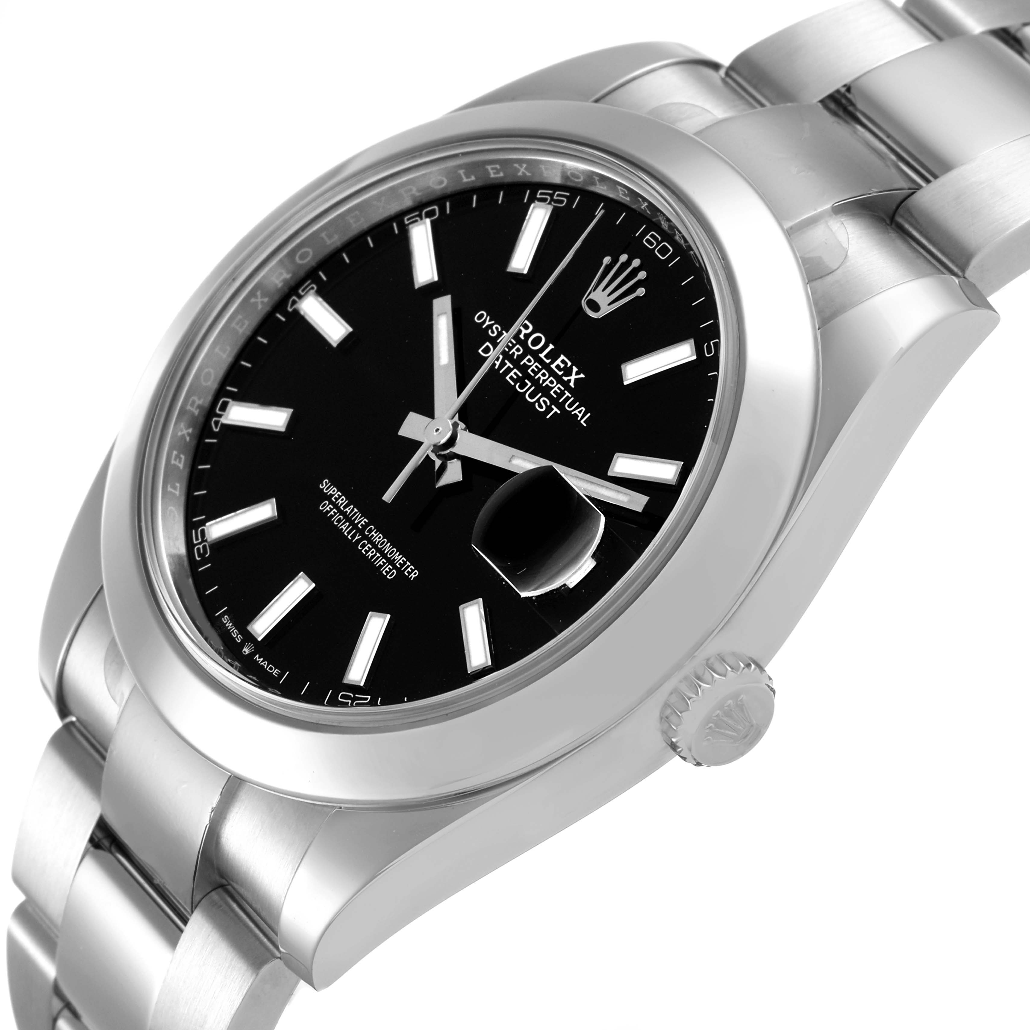 The Rolex Datejust 41 126300 Men's Stainless Steel Black Dial watch is shown at an angled side view, highlighting the black dial, indices, and bracelet.