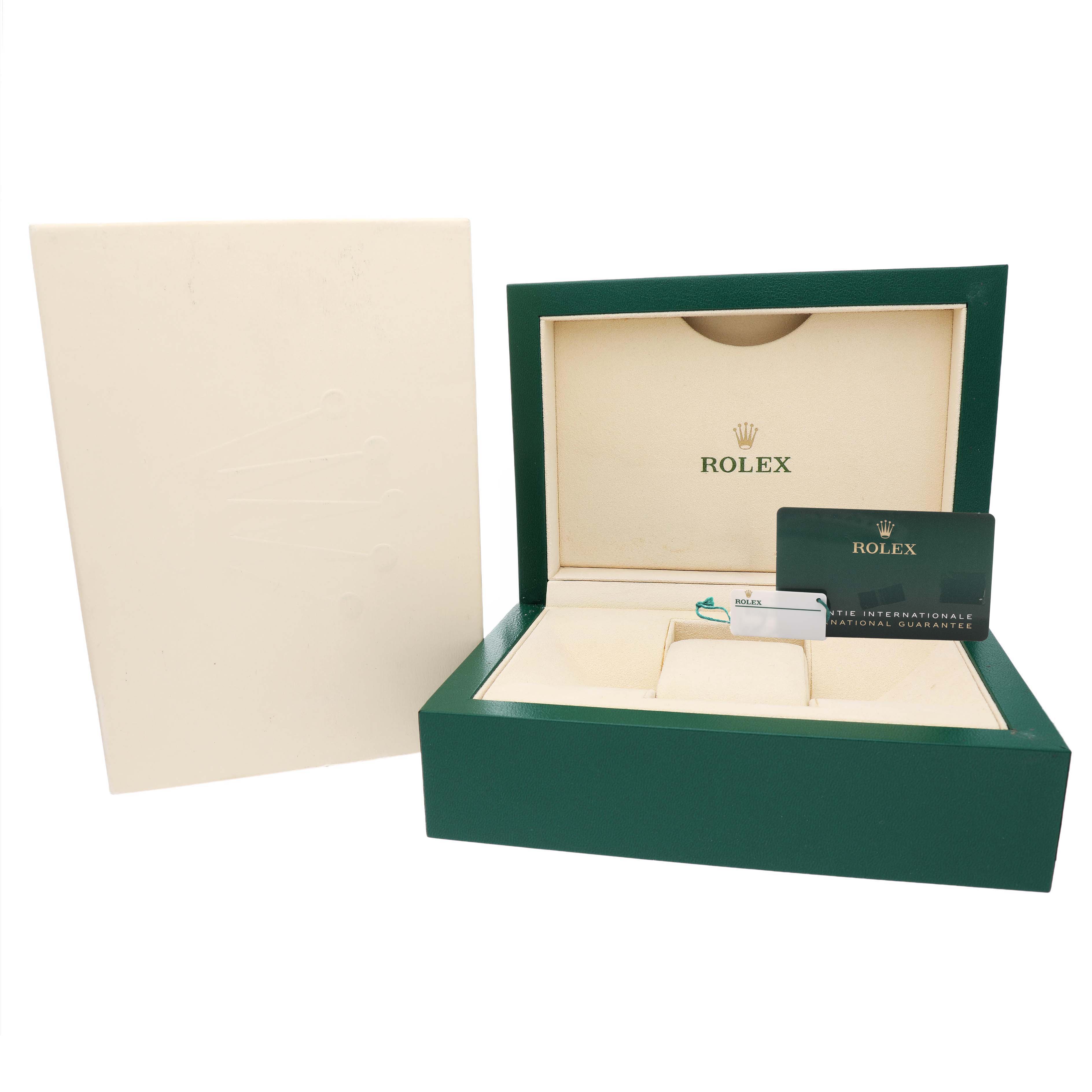 The image shows a Rolex Datejust 41 126300 Men's Stainless Steel Black Dial watch box, warranty card, and inner packaging from a straight-on view.