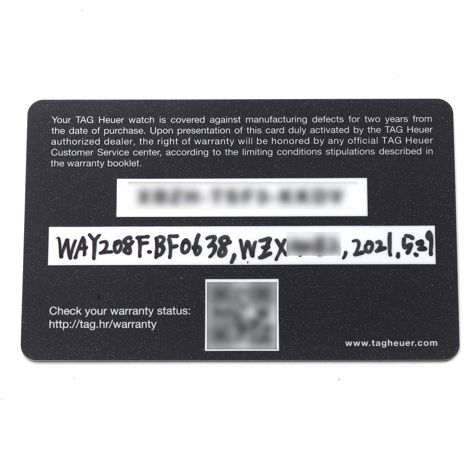 The image shows the warranty card for the Tag Heuer Aquaracer WAY208F.BF0638 Men's Titanium Black Dial WAY208F.BF0638 Men's Titanium Black Dial model.