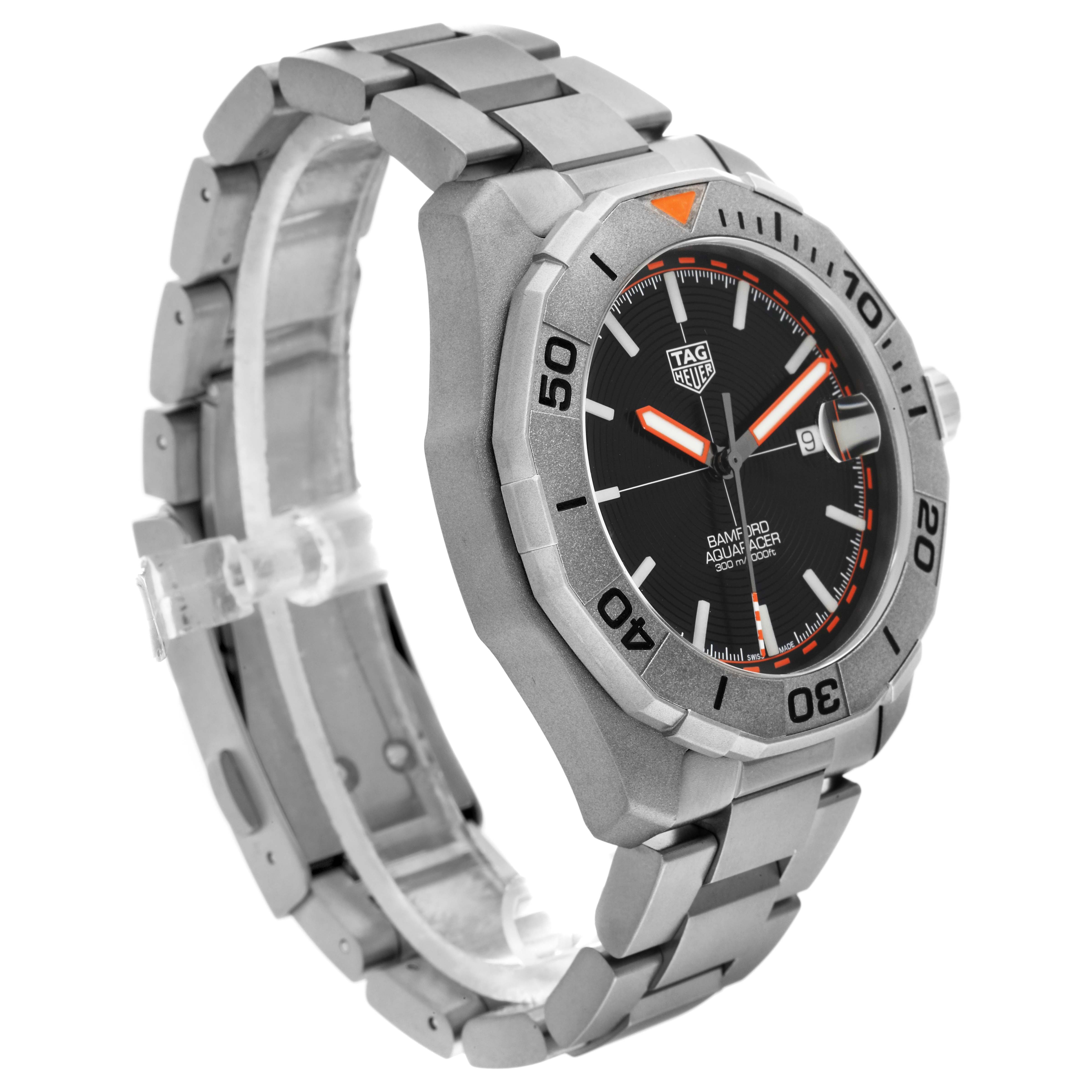 The Tag Heuer Aquaracer WAY208F.BF0638 Men's Titanium Black Dial WAY208F.BF0638 Men's Titanium Black Dial watch is shown at a slight angle, highlighting its bezel, dial, and metal bracelet.