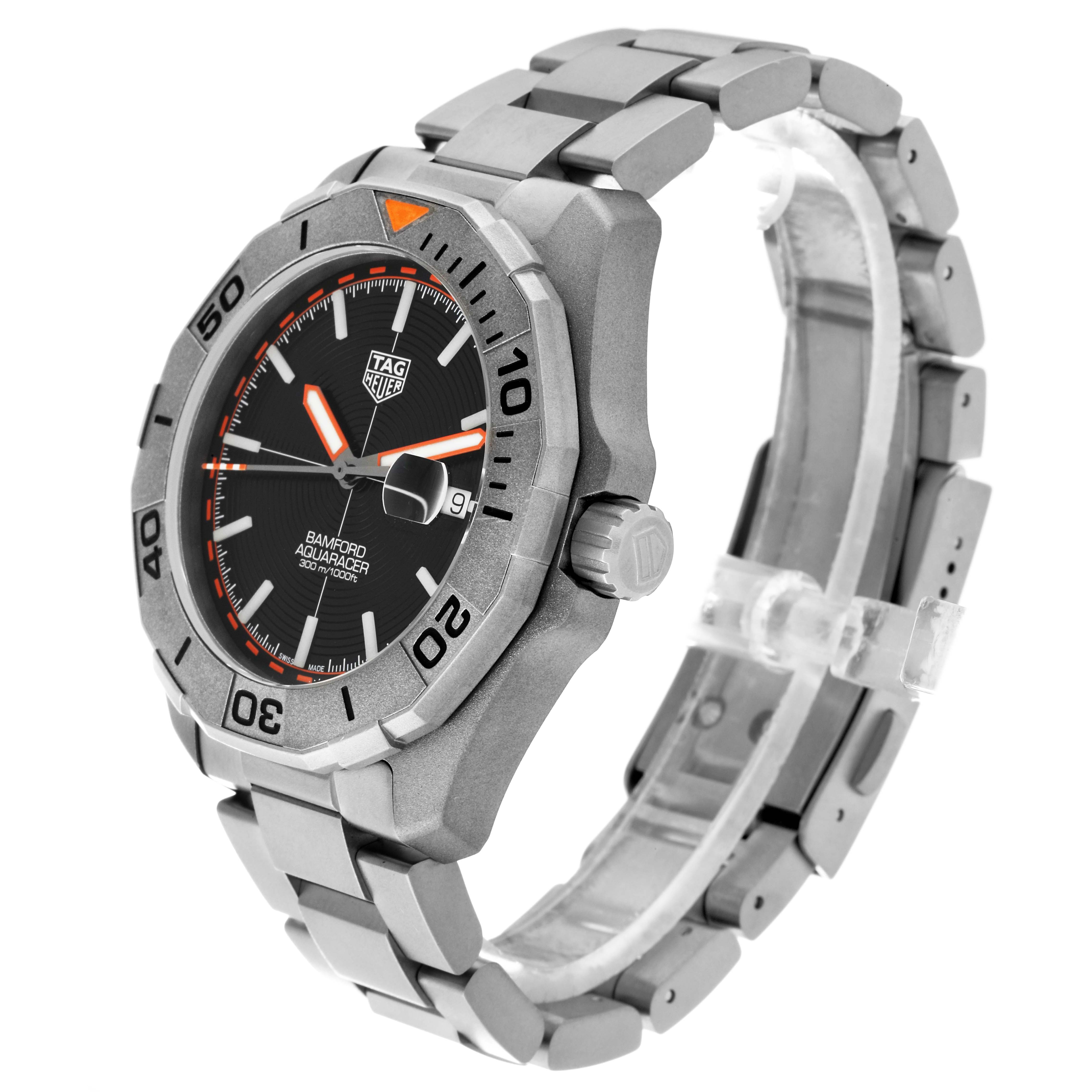 The image displays a side angle of a Tag Heuer Aquaracer WAY208F.BF0638 Men's Titanium Black Dial WAY208F.BF0638 Men's Titanium Black Dial watch showcasing its face, bezel, crown, and bracelet.