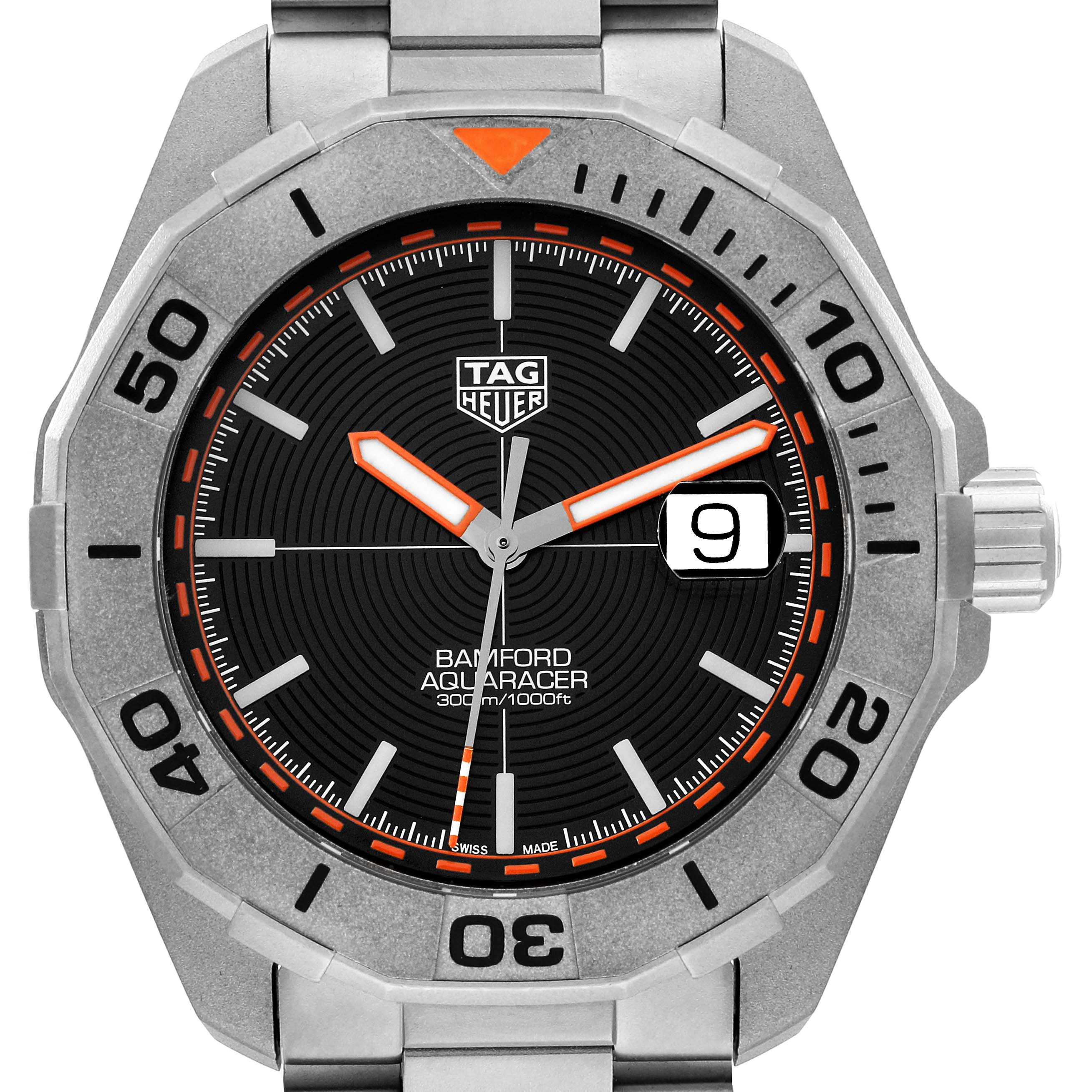 This is a front-facing image of a Tag Heuer Aquaracer WAY208F.BF0638 Men's Titanium Black Dial WAY208F.BF0638 Men's Titanium Black Dial watch displaying the dial, bezel, hands, date window, and bracelet.