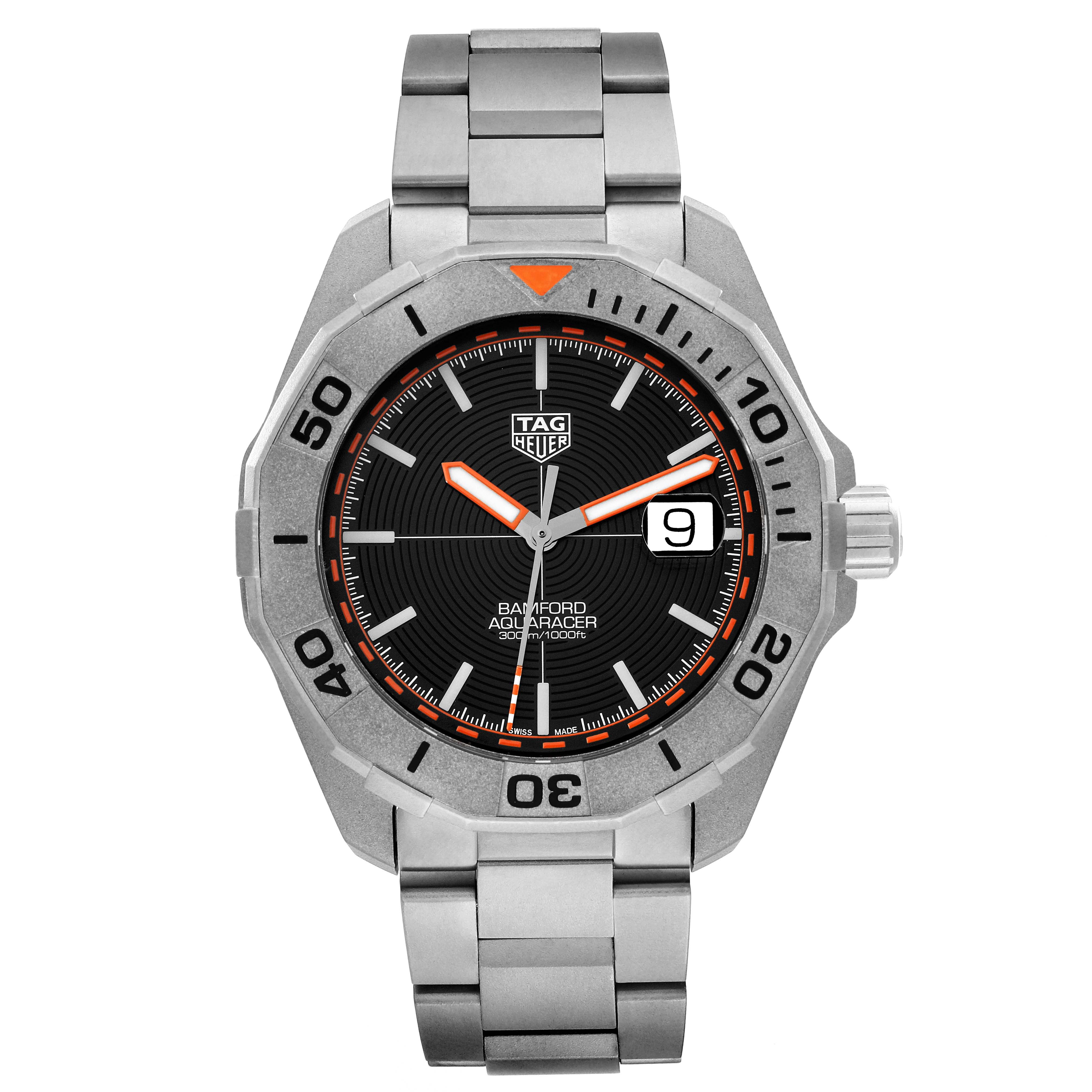 The image shows a front view of the Tag Heuer Aquaracer WAY208F.BF0638 Men's Titanium Black Dial WAY208F.BF0638 Men's Titanium Black Dial watch, displaying its face, bezel, and bracelet.