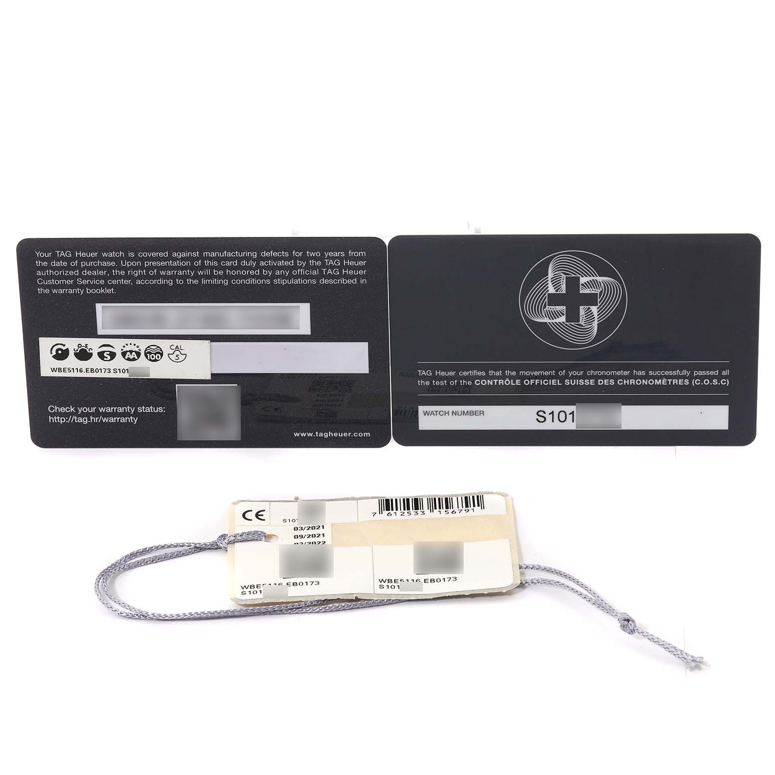 The image displays the warranty and certification cards along with the tag of a Tag Heuer Autavia WBE5116.EB0173 Men's Stainless Steel Blue Dial WBE5116.EB0173 Men's Stainless Steel Blue Dial watch.