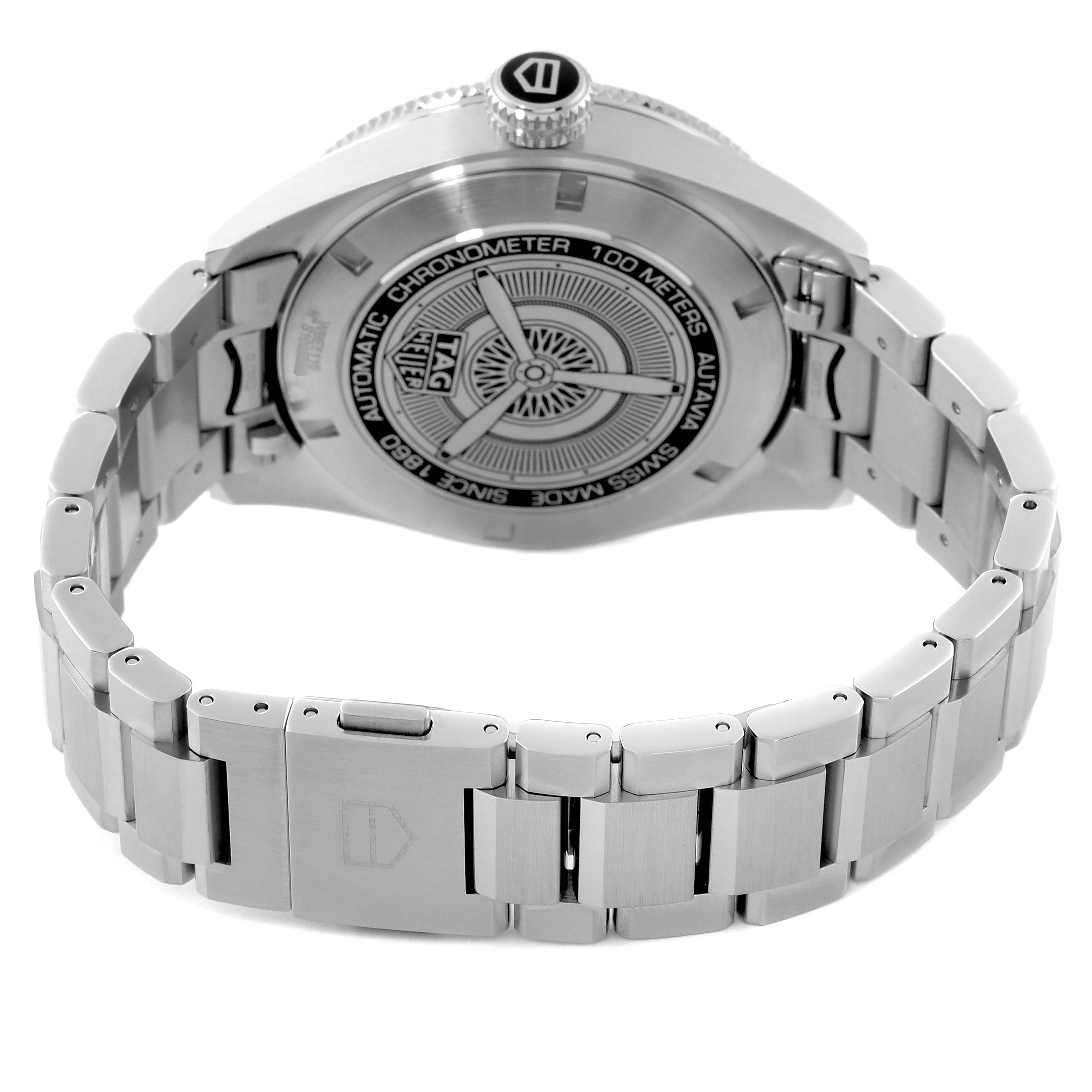 This image shows the back and clasp of the Tag Heuer Autavia WBE5116.EB0173 Men's Stainless Steel Blue Dial WBE5116.EB0173 Men's Stainless Steel Blue Dial watch, highlighting the case back and metal bracelet.