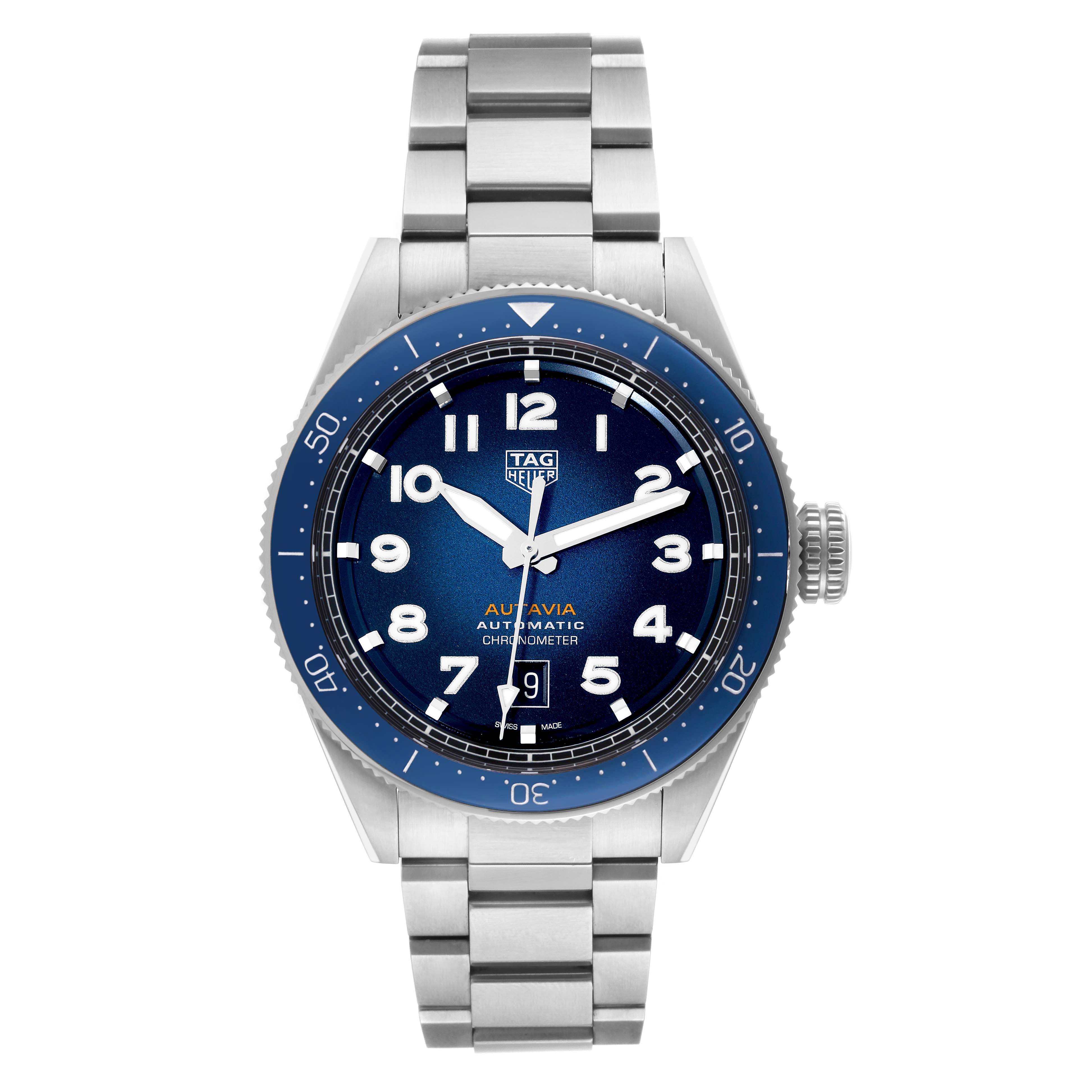 This image shows a front view of the Tag Heuer Autavia WBE5116.EB0173 Men's Stainless Steel Blue Dial WBE5116.EB0173 Men's Stainless Steel Blue Dial watch, highlighting its blue dial, bezel, and stainless steel bracelet.