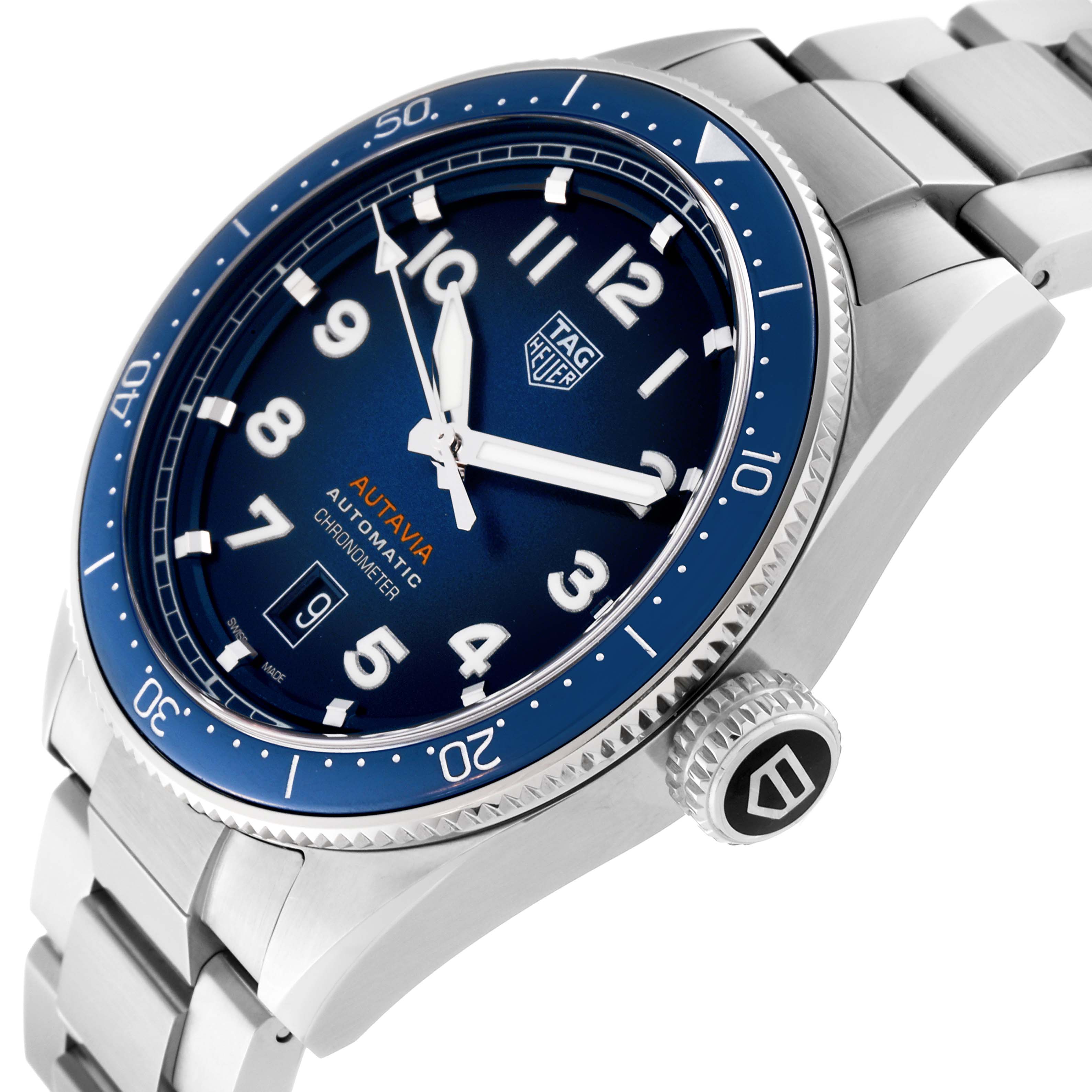 The image shows a Tag Heuer Autavia WBE5116.EB0173 Men's Stainless Steel Blue Dial WBE5116.EB0173 Men's Stainless Steel Blue Dial watch at a slight side angle, highlighting the dial, bezel, crown, and stainless steel bracelet.