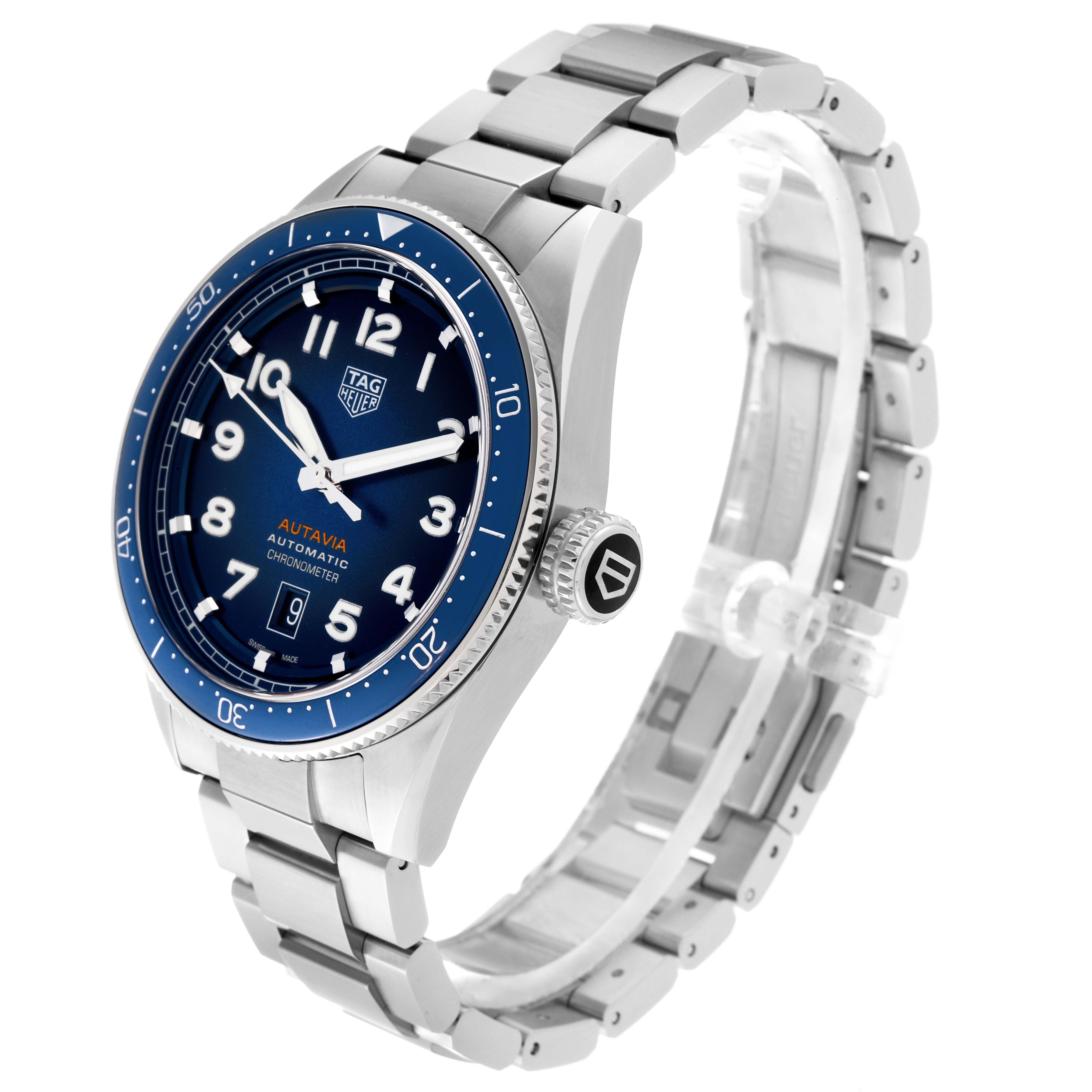 The image shows a Tag Heuer Autavia WBE5116.EB0173 Men's Stainless Steel Blue Dial WBE5116.EB0173 Men's Stainless Steel Blue Dial watch at a slight angle displaying its face, bezel, crown, and metal bracelet.