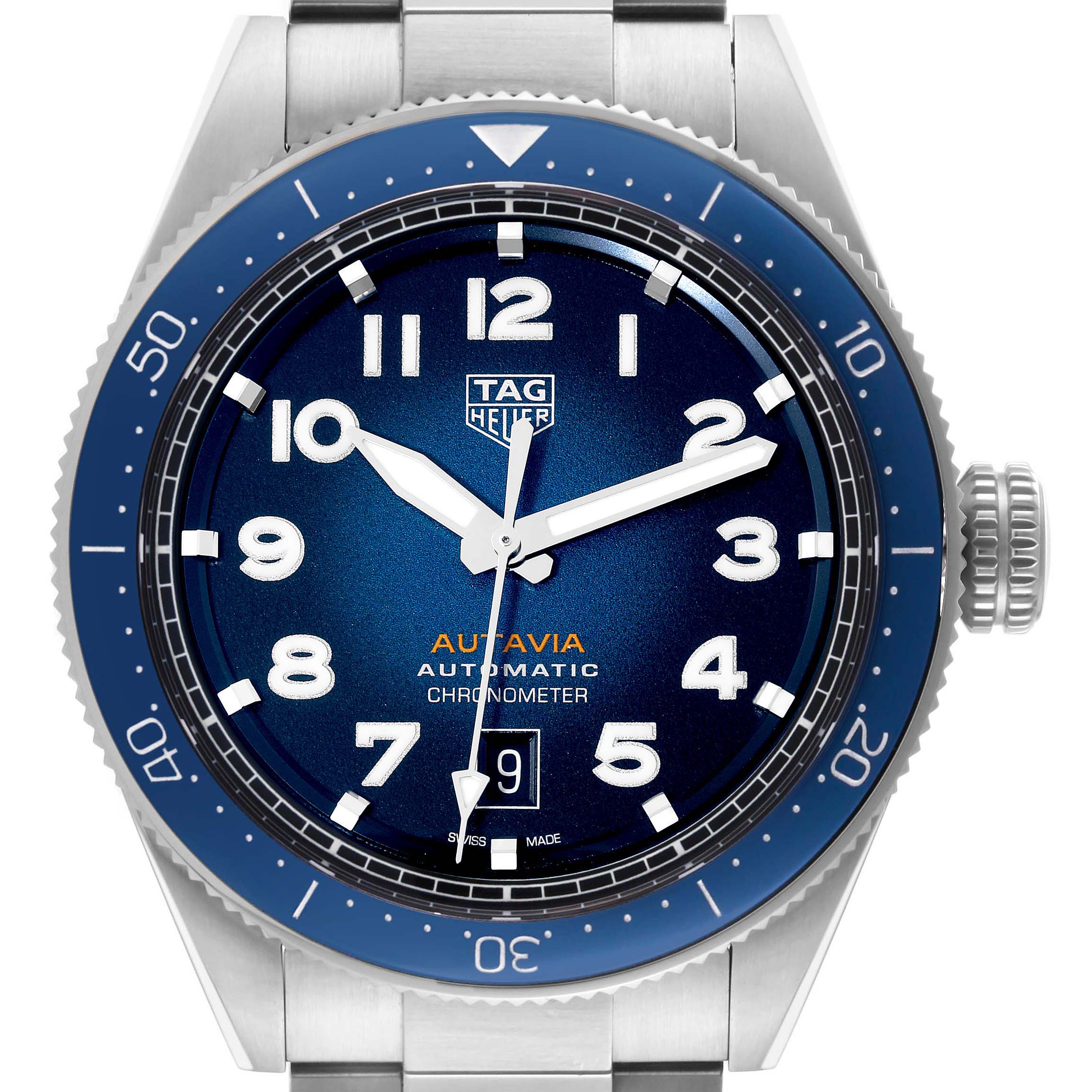 The image shows a front view of the Tag Heuer Autavia WBE5116.EB0173 Men's Stainless Steel Blue Dial WBE5116.EB0173 Men's Stainless Steel Blue Dial watch, highlighting its blue dial, bezel, and crown.