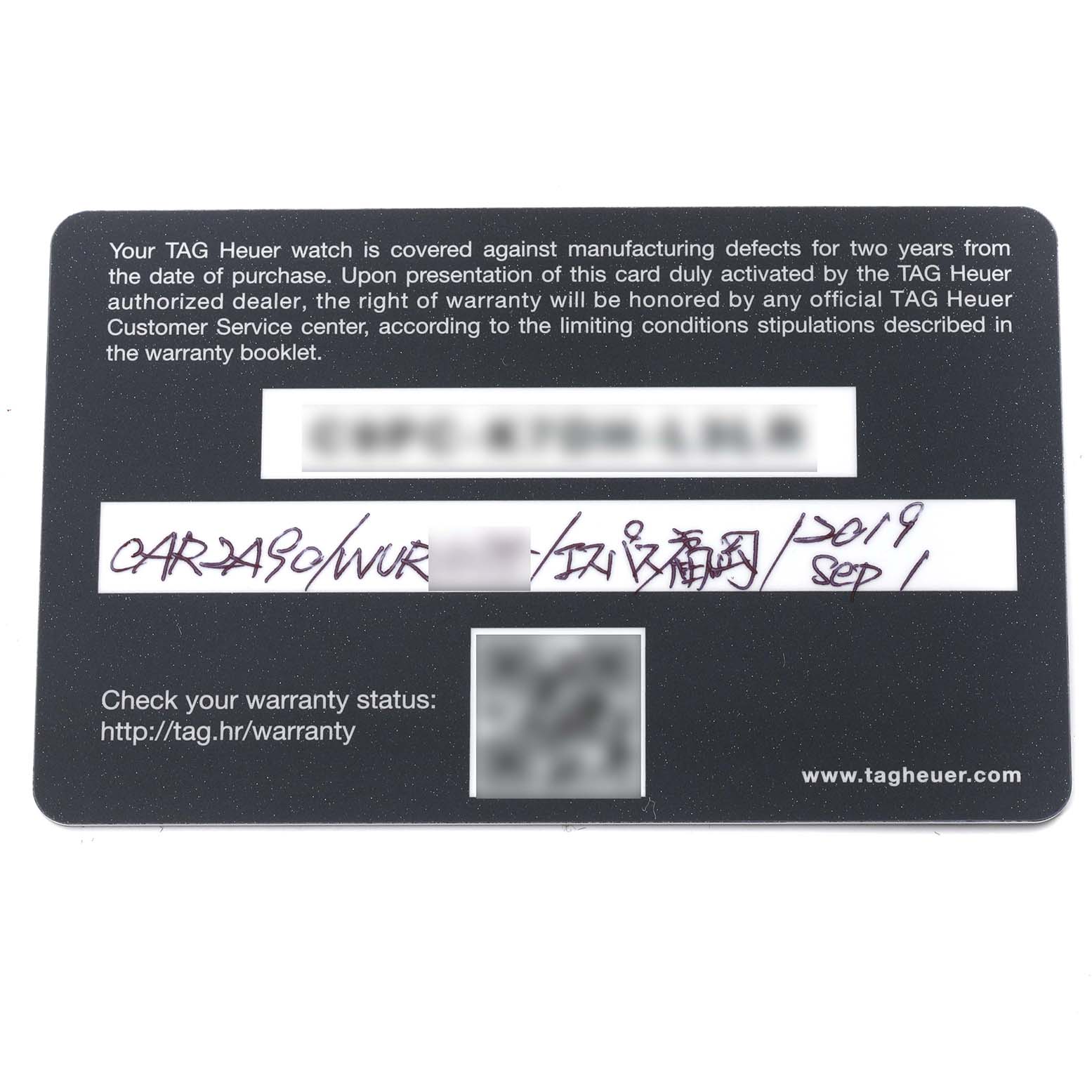 The image shows a warranty card for a Tag Heuer Carrera CAR2A90.FT6071 Men's Ceramic Black Dial CAR2A90.FT6071 Men's Ceramic Black Dial model watch.