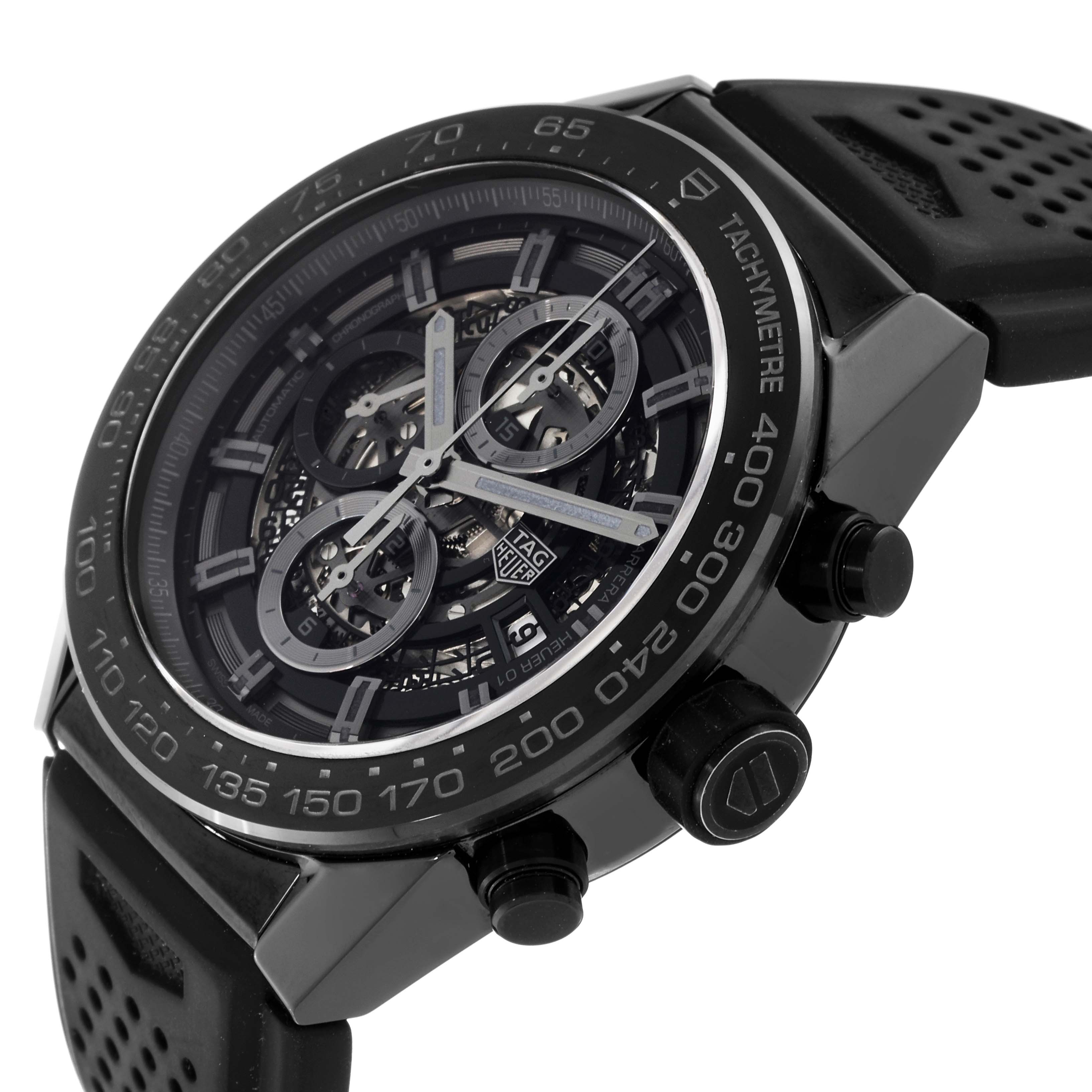 This image shows a close-up angle of a Tag Heuer Carrera CAR2A90.FT6071 Men's Ceramic Black Dial CAR2A90.FT6071 Men's Ceramic Black Dial watch, highlighting the face, bezel, and pushers.