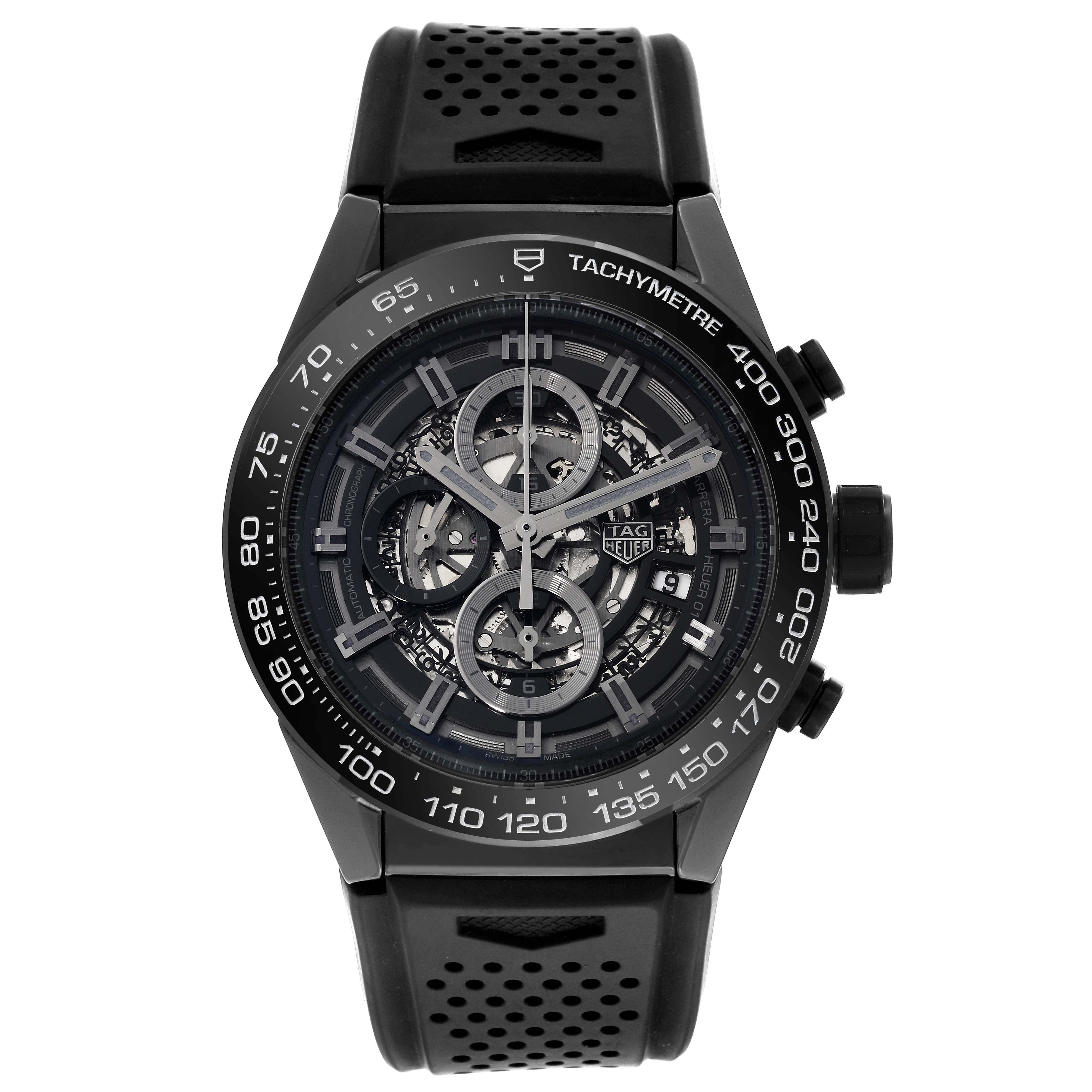 The image shows a front view of the Tag Heuer Carrera CAR2A90.FT6071 Men's Ceramic Black Dial CAR2A90.FT6071 Men's Ceramic Black Dial watch, highlighting the dial, hands, subdials, and rubber strap.