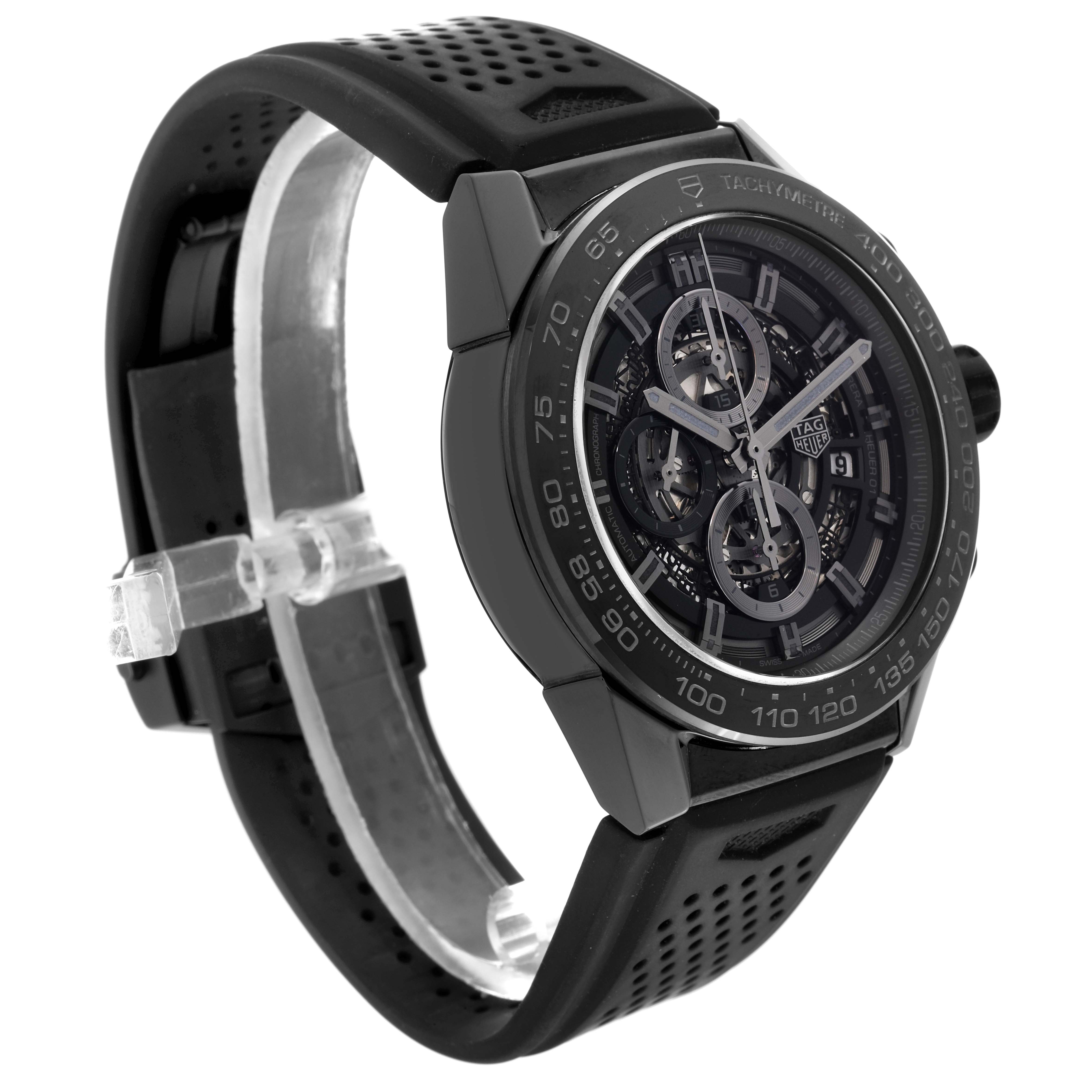 The image shows a side view of a Tag Heuer Carrera CAR2A90.FT6071 Men's Ceramic Black Dial CAR2A90.FT6071 Men's Ceramic Black Dial watch, highlighting the strap and the intricate dial.