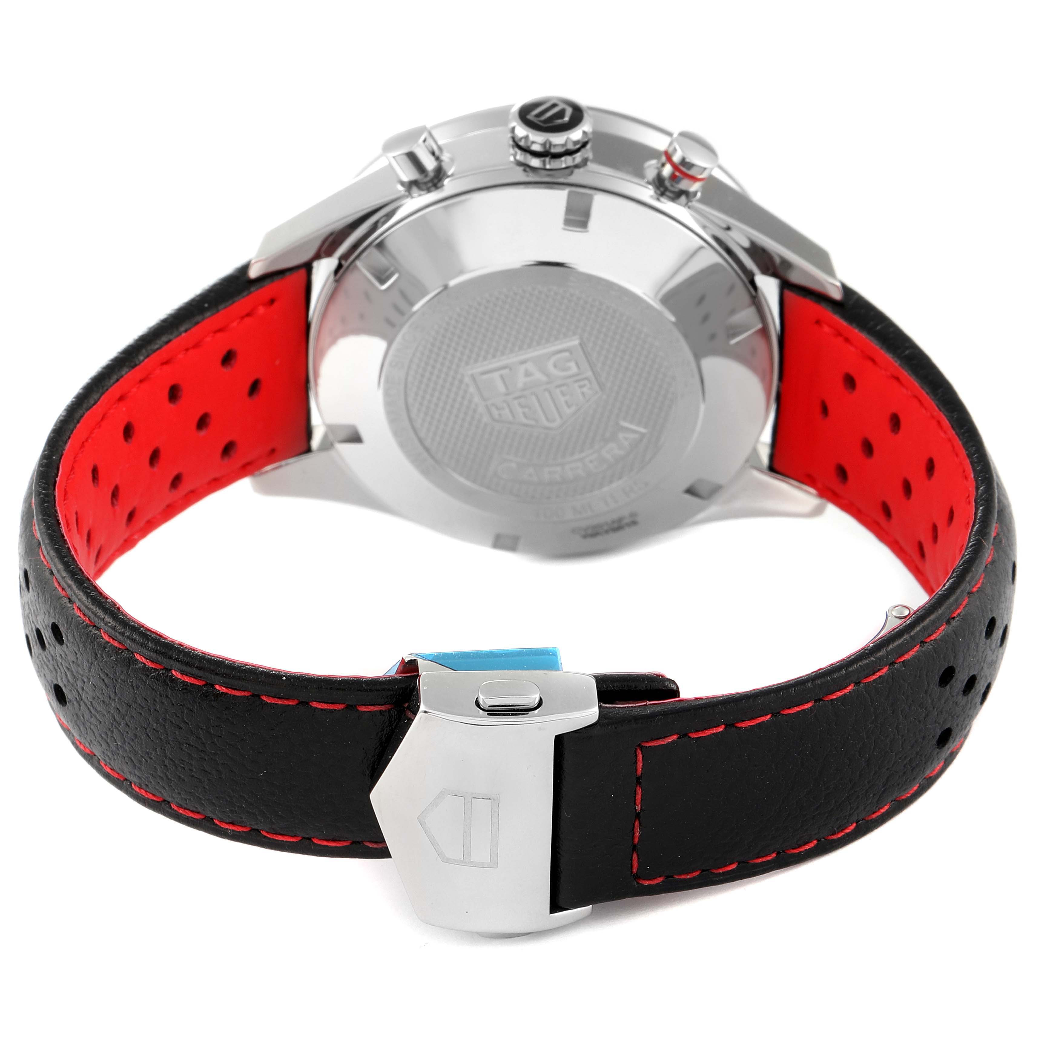 The image shows the back case, crown, and strap of a Tag Heuer Carrera CV201AP.FC6429 Men
s Stainless Steel Black Dial CV201AP.FC6429 Men
s Stainless Steel Black Dial watch.