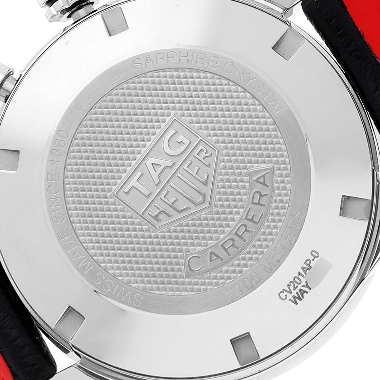 This image shows the back case of a Tag Heuer Carrera CV201AP.FC6429 Men
s Stainless Steel Black Dial CV201AP.FC6429 Men
s Stainless Steel Black Dial watch, displaying the brand logo and model details.