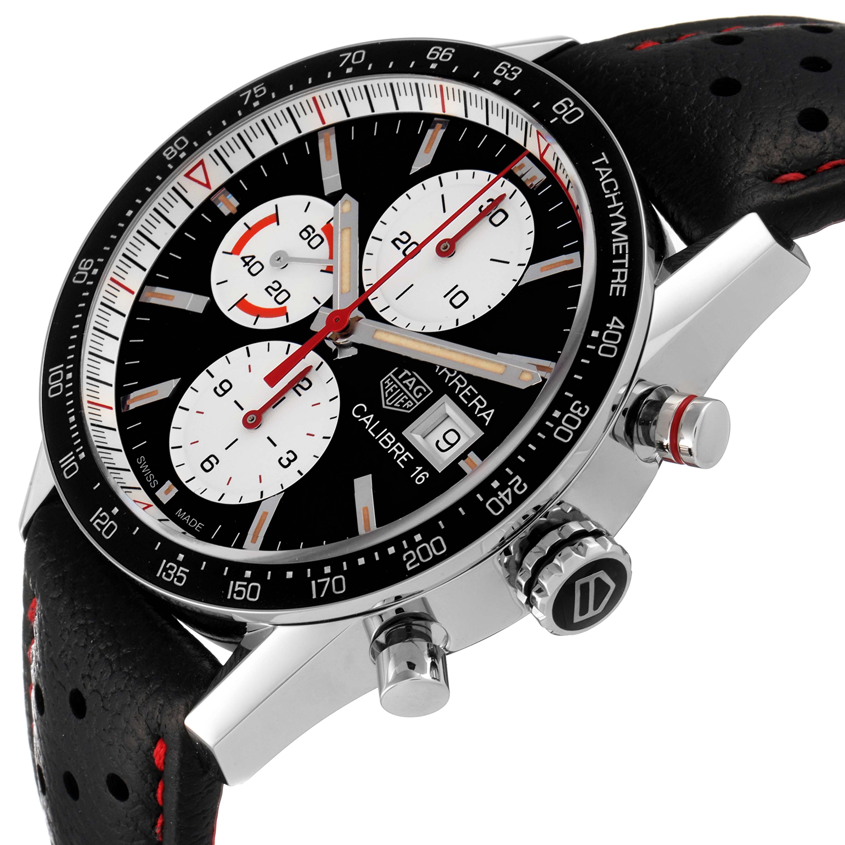 The Tag Heuer Carrera CV201AP.FC6429 Men
s Stainless Steel Black Dial CV201AP.FC6429 Men
s Stainless Steel Black Dial watch is shown at an angled close-up, displaying the dial, tachymeter, crown, and chronograph pushers.
