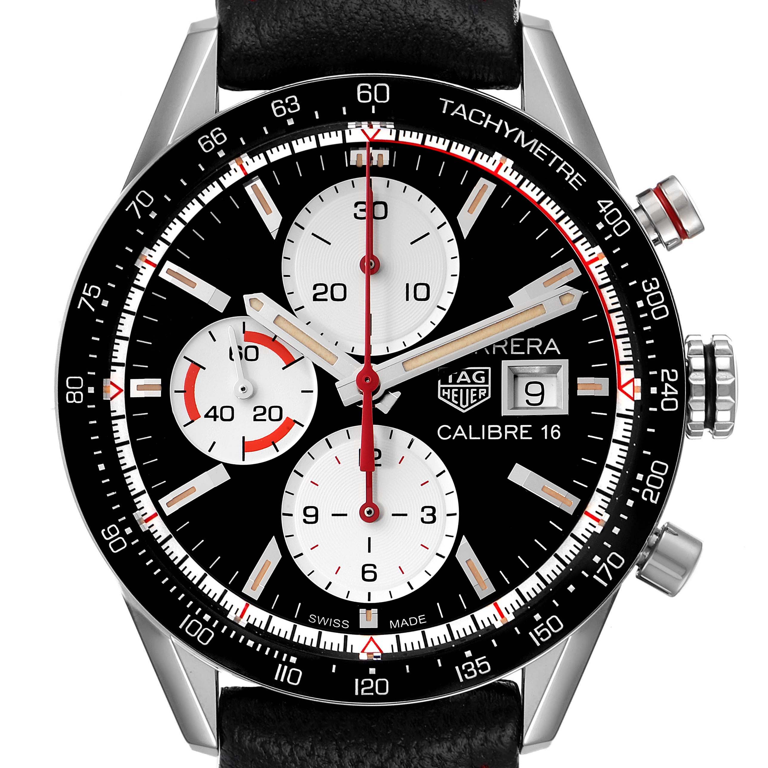 The image shows a close-up frontal view of the Tag Heuer Carrera CV201AP.FC6429 Men
s Stainless Steel Black Dial CV201AP.FC6429 Men
s Stainless Steel Black Dial watch, highlighting its dial, subdials, date, and tachymeter scale.