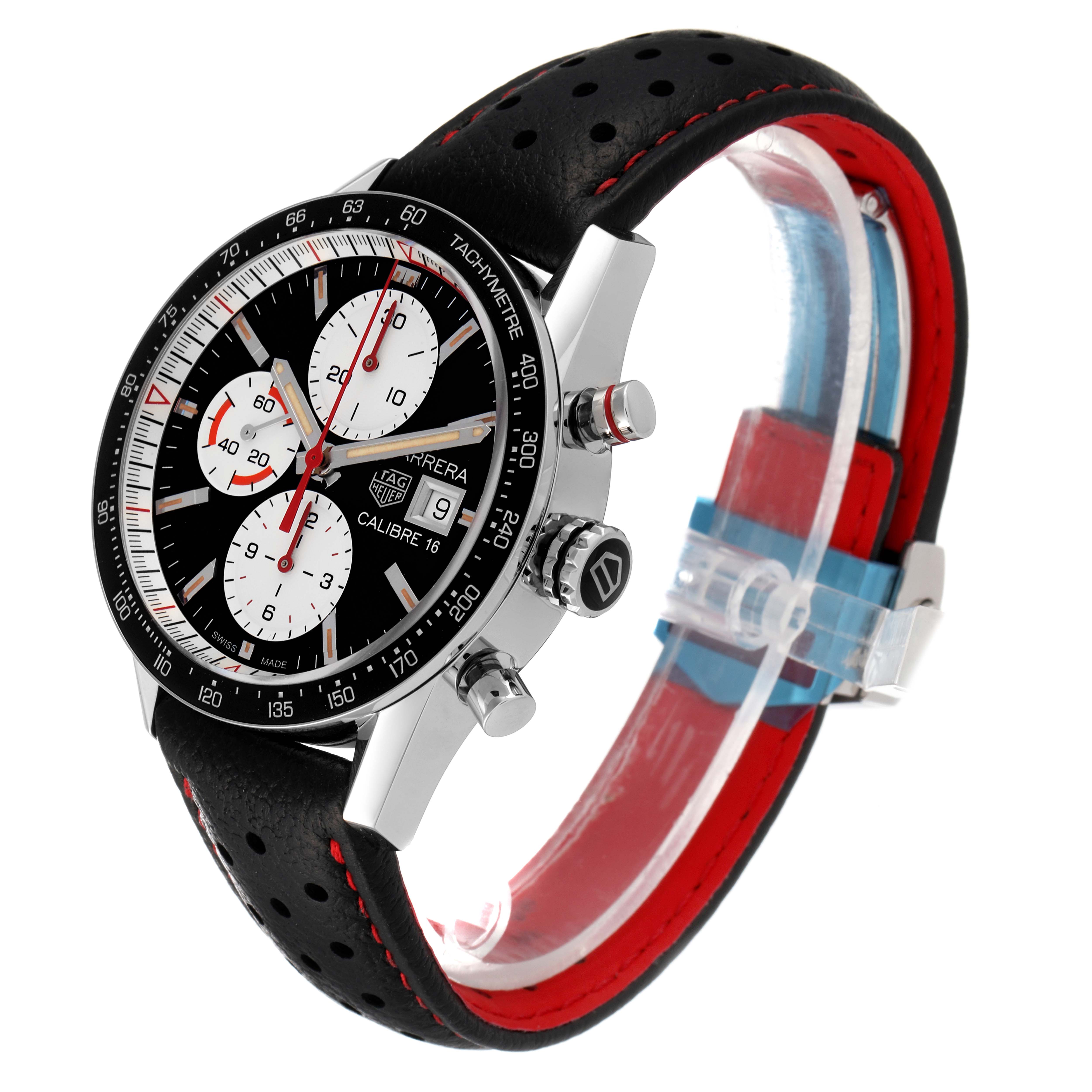The Tag Heuer Carrera CV201AP.FC6429 Men
s Stainless Steel Black Dial CV201AP.FC6429 Men
s Stainless Steel Black Dial watch is shown at a side angle, highlighting its face, bezel, crown, and perforated black and red strap.