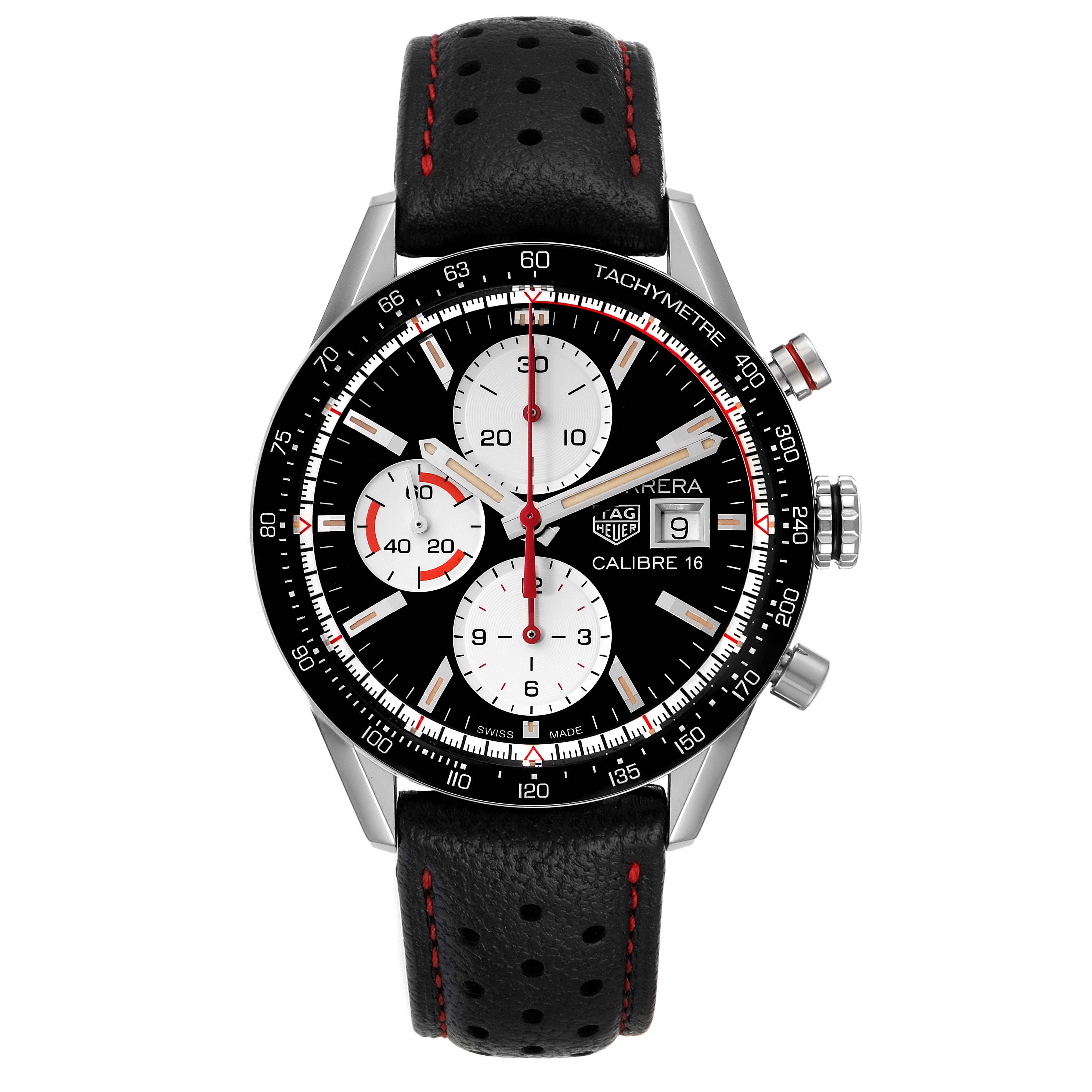 This is a frontal view of the Tag Heuer Carrera CV201AP.FC6429 Men
s Stainless Steel Black Dial CV201AP.FC6429 Men
s Stainless Steel Black Dial watch, showing the dial, tachymeter, subdials, date window, and strap.