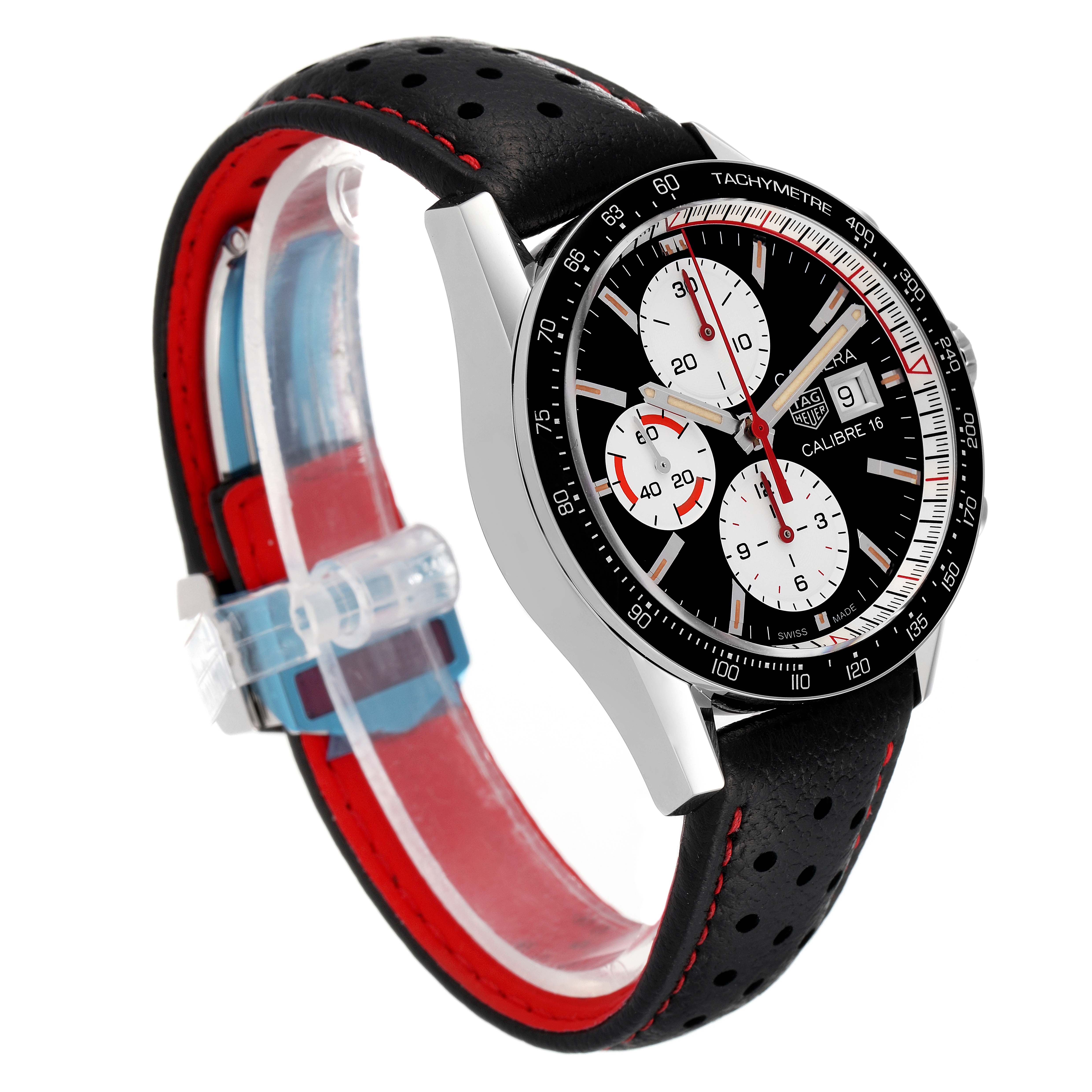 This Tag Heuer Carrera CV201AP.FC6429 Men
s Stainless Steel Black Dial CV201AP.FC6429 Men
s Stainless Steel Black Dial watch is shown at a side angle, highlighting the face and black perforated leather band with red stitching.