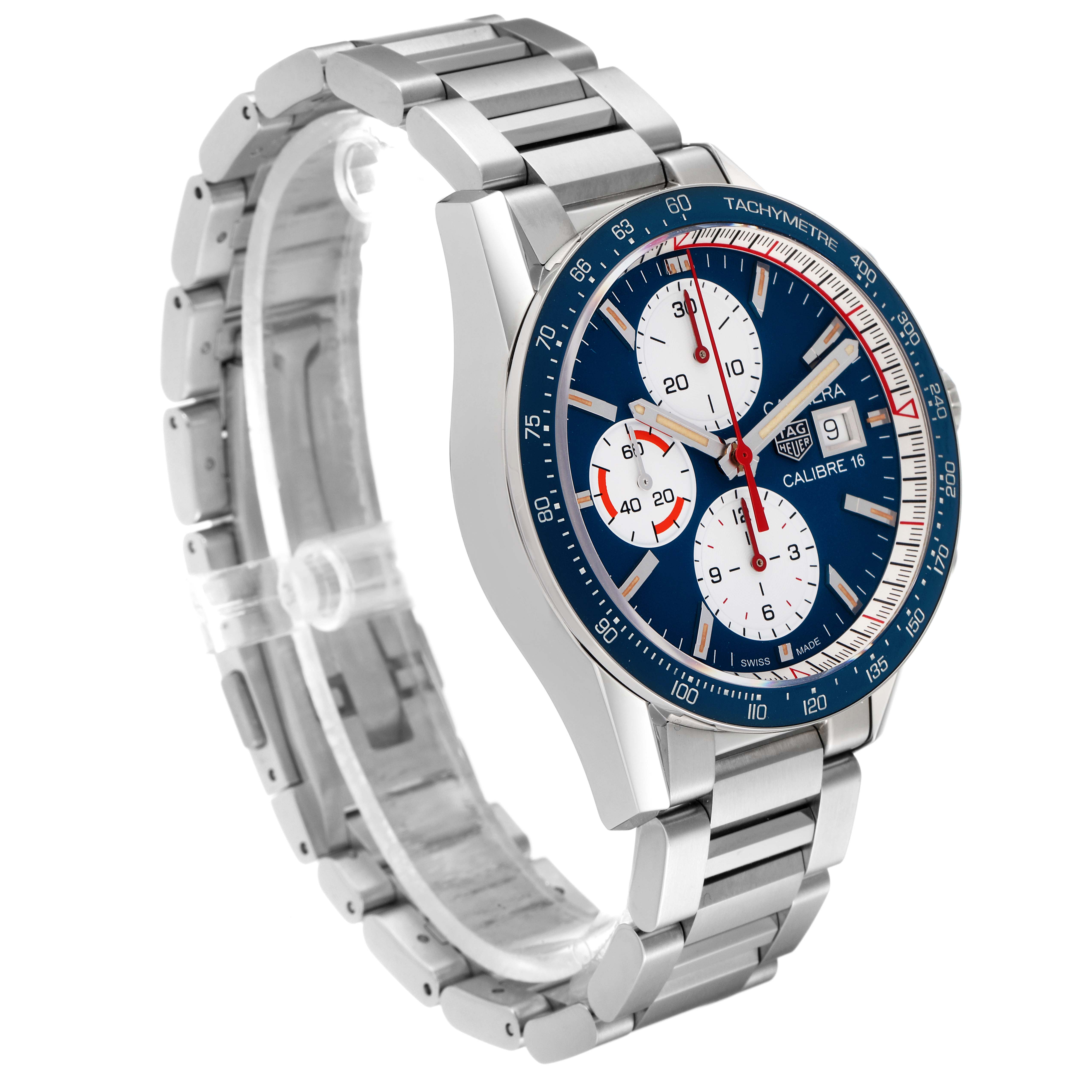 The Tag Heuer Carrera CV201AR.BA0715 Men
s Stainless Steel Blue Dial CV201AR.BA0715 Men
s Stainless Steel Blue Dial watch is shown at an angled side view, highlighting the dial, chronographs, tachymeter bezel, and metal bracelet.