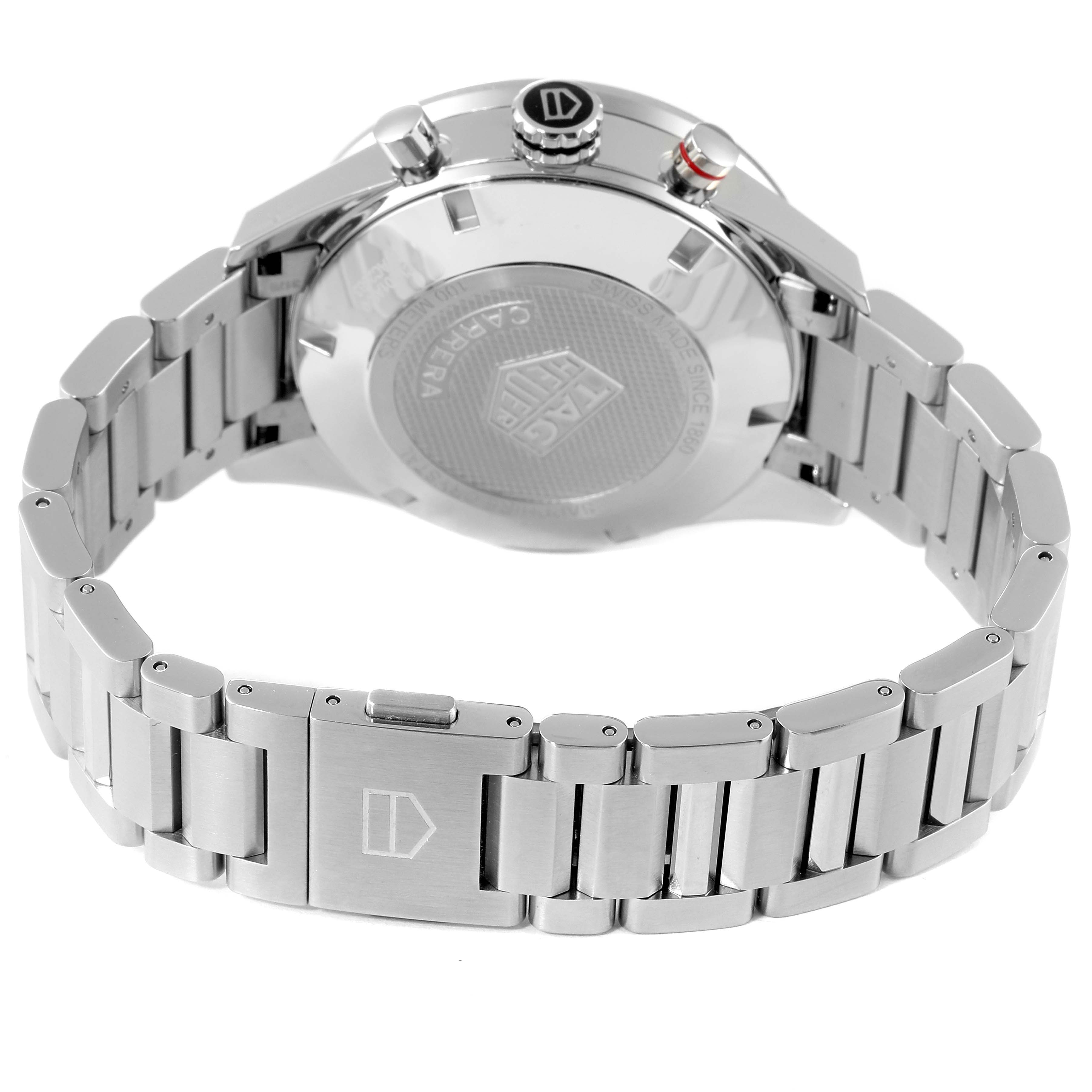 The image shows the back and bracelet of a Tag Heuer Carrera CV201AR.BA0715 Men
s Stainless Steel Blue Dial CV201AR.BA0715 Men
s Stainless Steel Blue Dial watch.