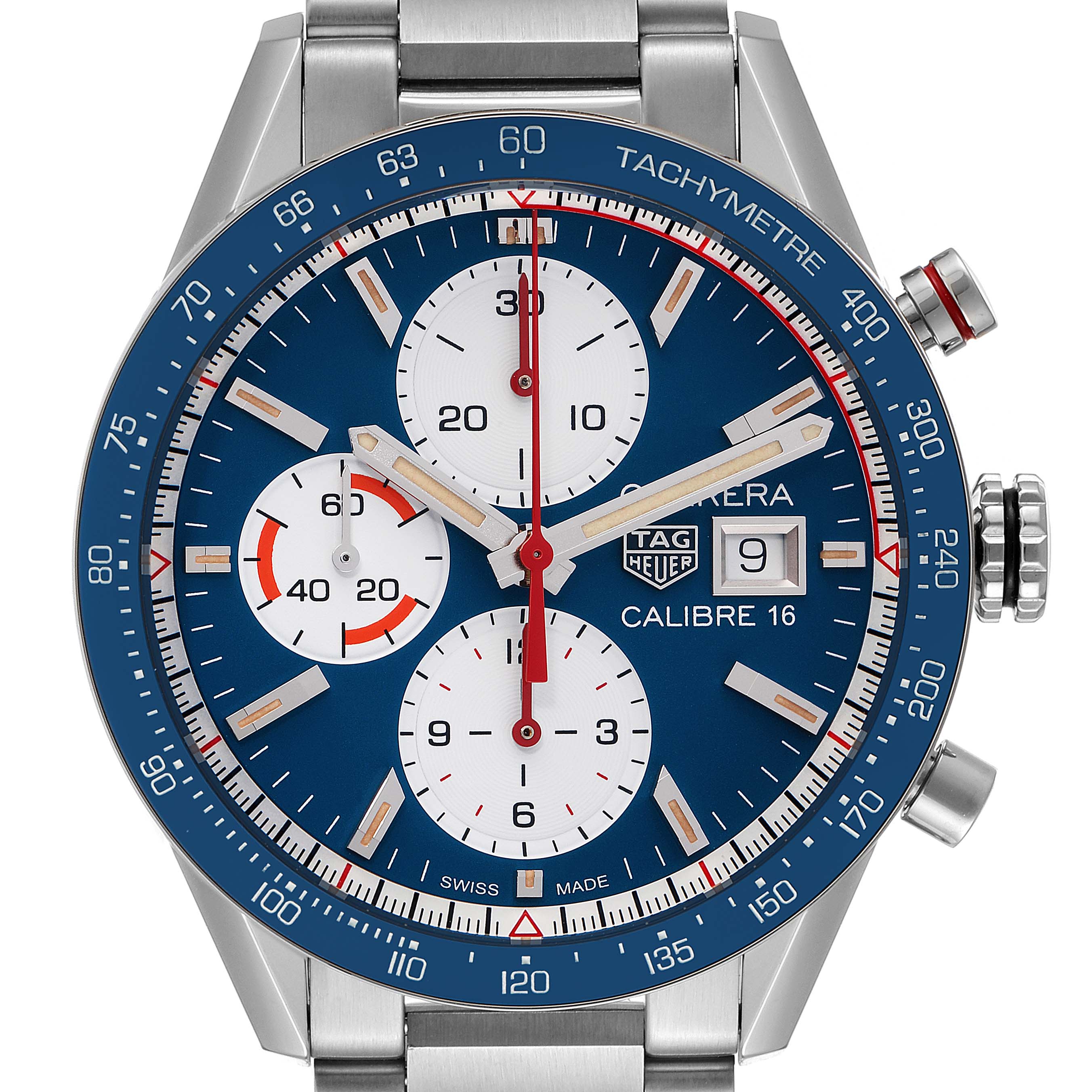 This image displays a head-on view of a Tag Heuer Carrera CV201AR.BA0715 Men
s Stainless Steel Blue Dial CV201AR.BA0715 Men
s Stainless Steel Blue Dial watch, showcasing its face, dials, and tachymeter bezel.