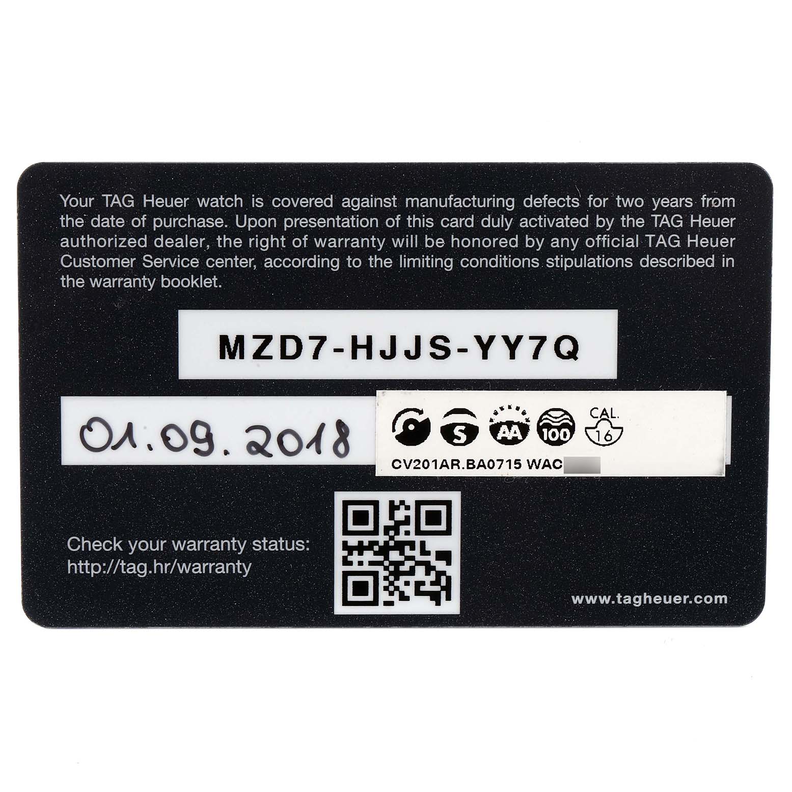 This image shows the warranty card for the Tag Heuer Carrera CV201AR.BA0715 Men
s Stainless Steel Blue Dial CV201AR.BA0715 Men
s Stainless Steel Blue Dial model watch.