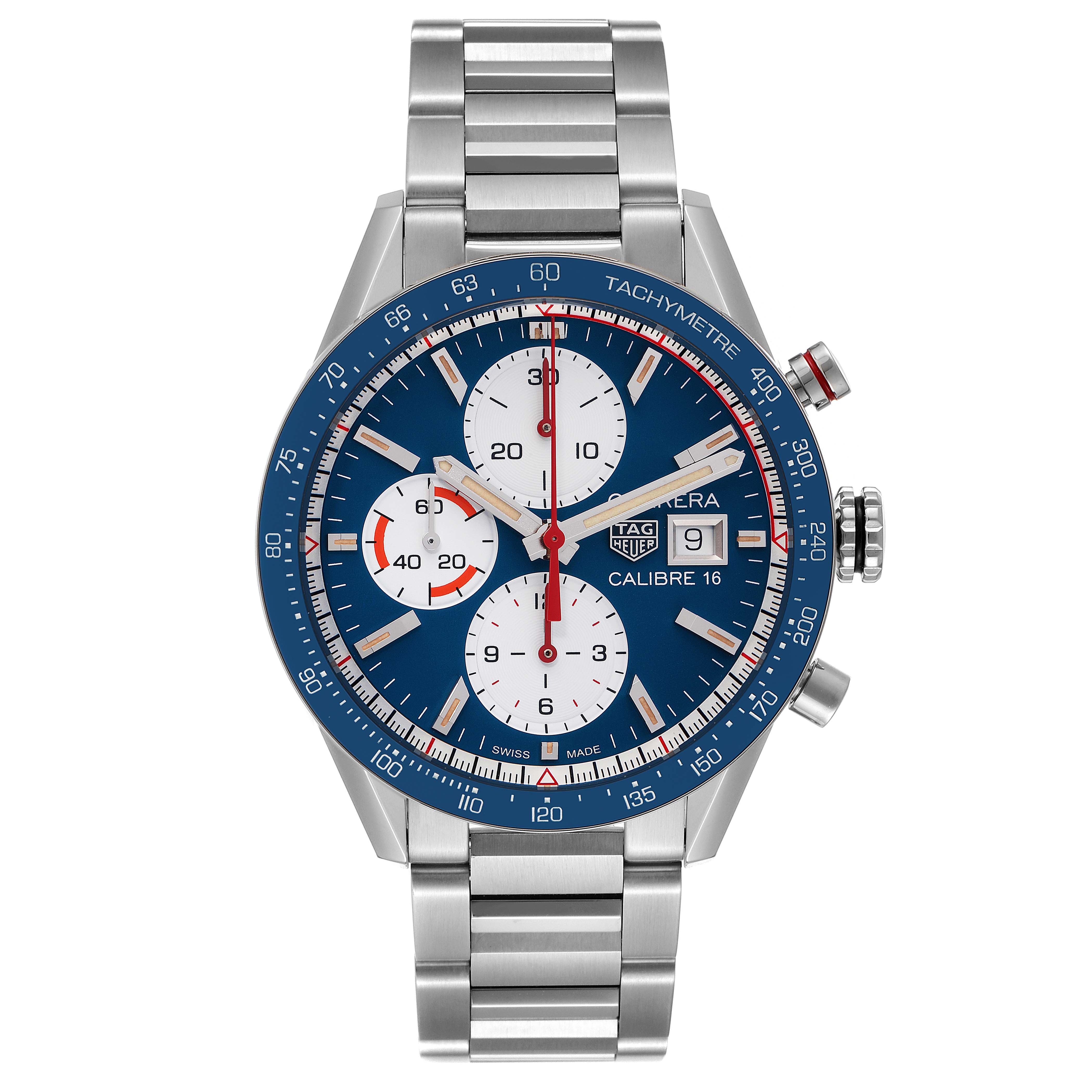 The image shows a front view of the Tag Heuer Carrera CV201AR.BA0715 Men
s Stainless Steel Blue Dial CV201AR.BA0715 Men
s Stainless Steel Blue Dial model watch, highlighting its blue dial, chronograph subdials, and stainless steel bracelet.