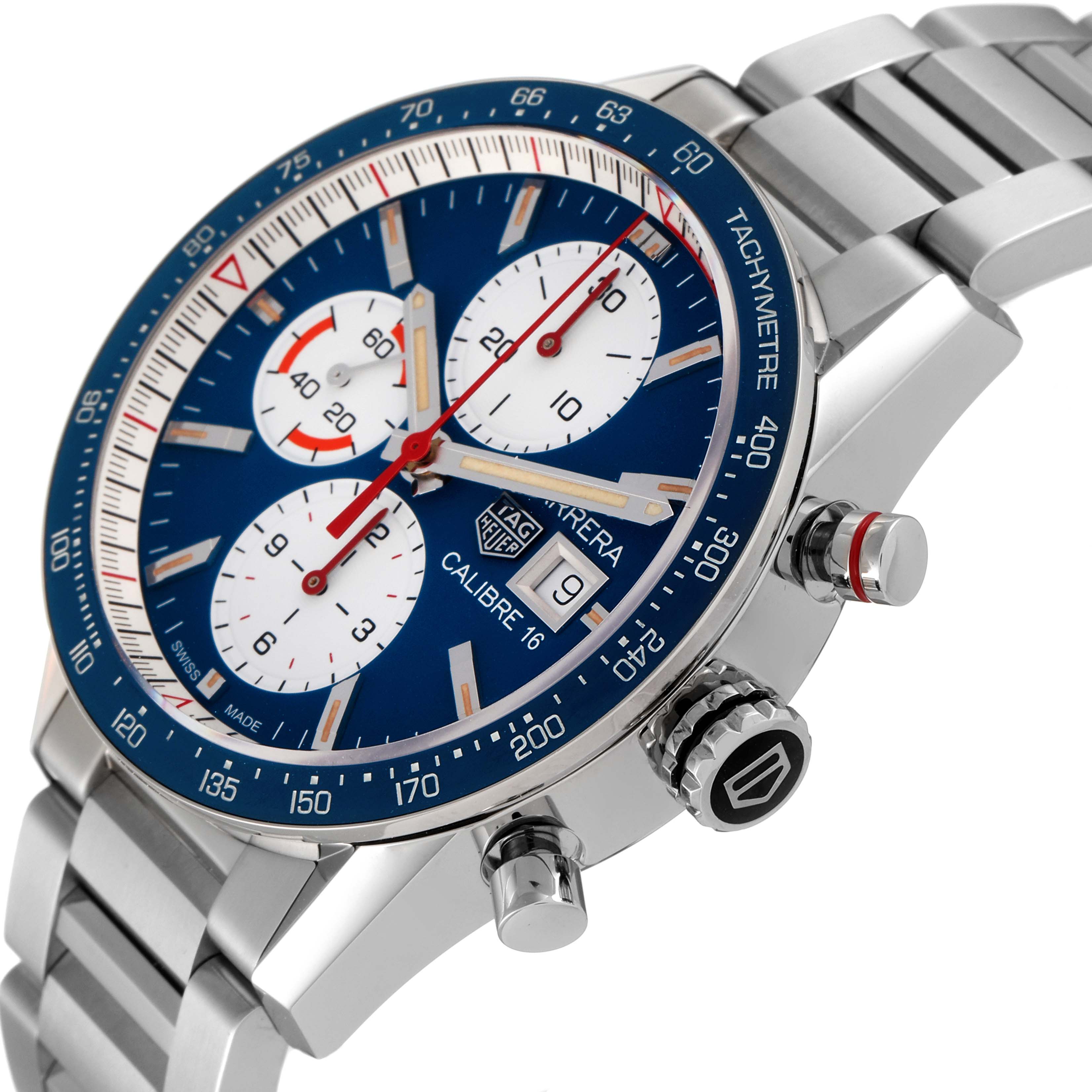 This image shows a close-up of the Tag Heuer Carrera CV201AR.BA0715 Men
s Stainless Steel Blue Dial CV201AR.BA0715 Men
s Stainless Steel Blue Dial watch, highlighting its dial, bezel, crown, and part of the bracelet.