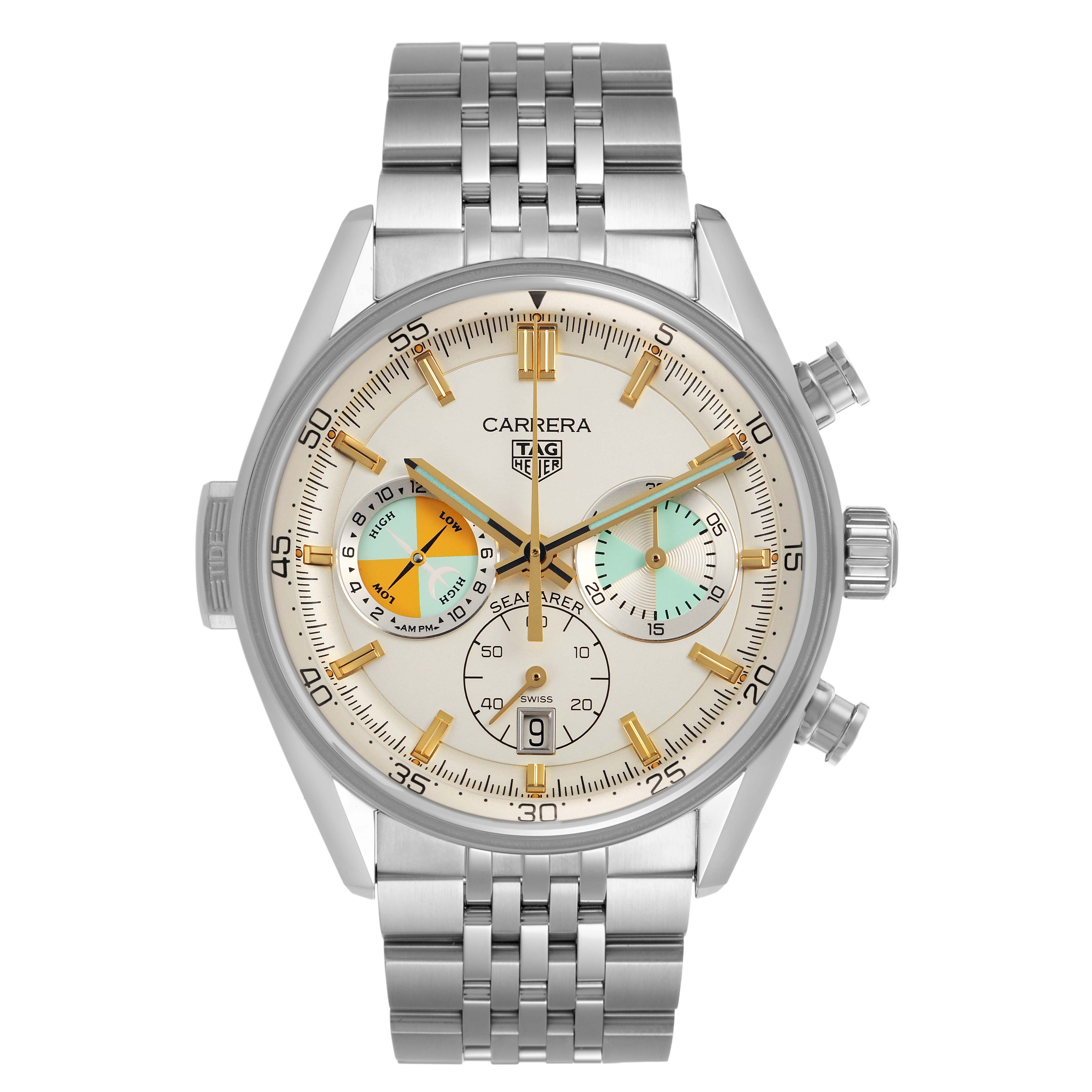 The Tag Heuer Carrera CBS2016.EB0430 Men's Stainless Steel Beige Dial watch is shown from a front angle, highlighting its dial, subdials, and stainless steel bracelet.