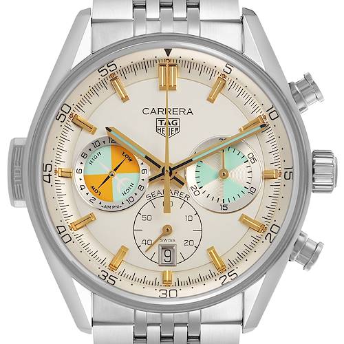 The Tag Heuer Carrera CBS2016.EB0430 Men's Stainless Steel Beige Dial watch is shown from a frontal angle, displaying its face, bezel, subdials, and bracelet.