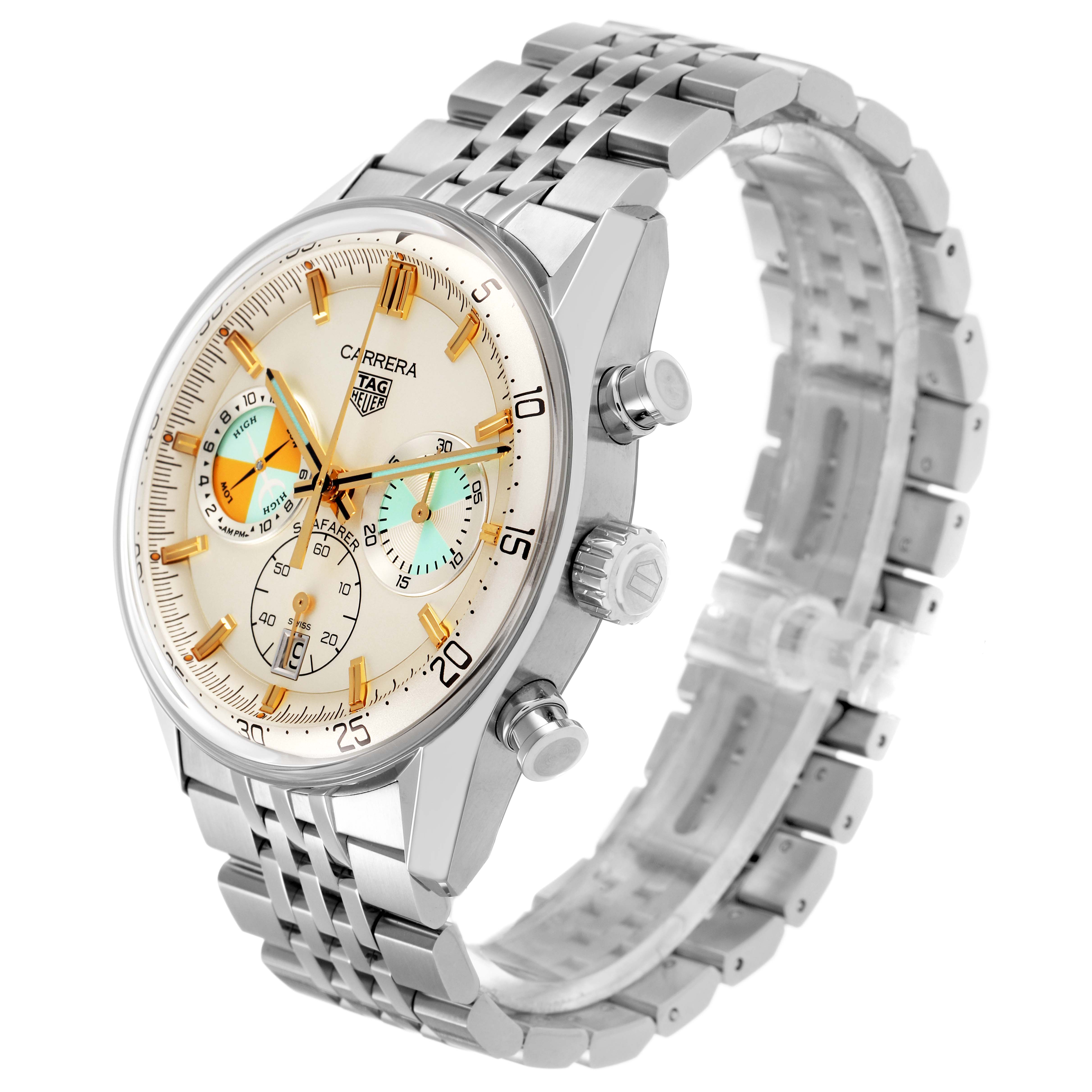 The Tag Heuer Carrera CBS2016.EB0430 Men's Stainless Steel Beige Dial model is shown at a three-quarter angle highlighting its face, crown, and metal bracelet.