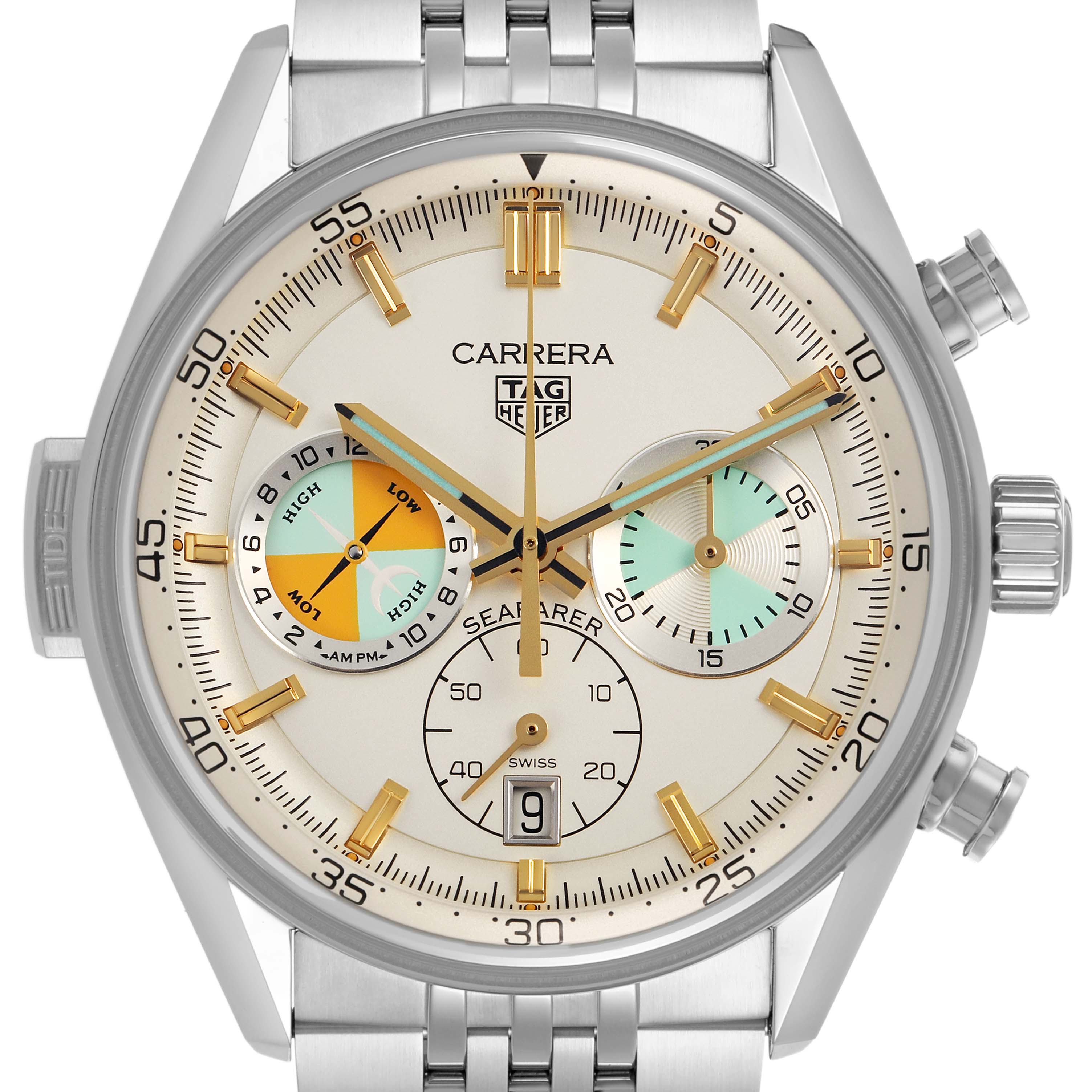 The Tag Heuer Carrera CBS2016.EB0430 Men's Stainless Steel Beige Dial watch is shown from a front angle, highlighting the dial, subdials, and bracelet.