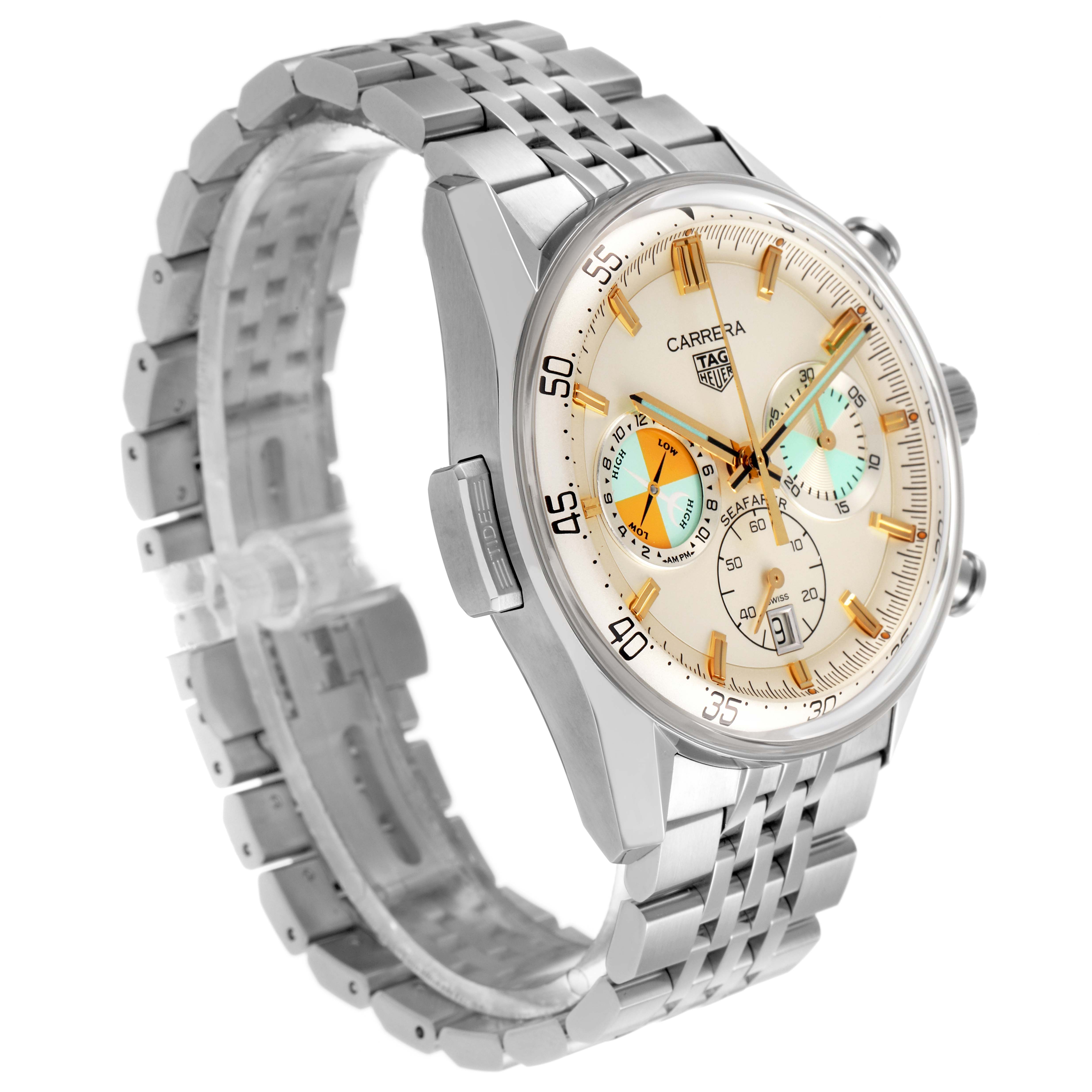The image shows a Tag Heuer Carrera CBS2016.EB0430 Men's Stainless Steel Beige Dial watch at a three-quarter angle displaying the face, bezel, crown, and bracelet.