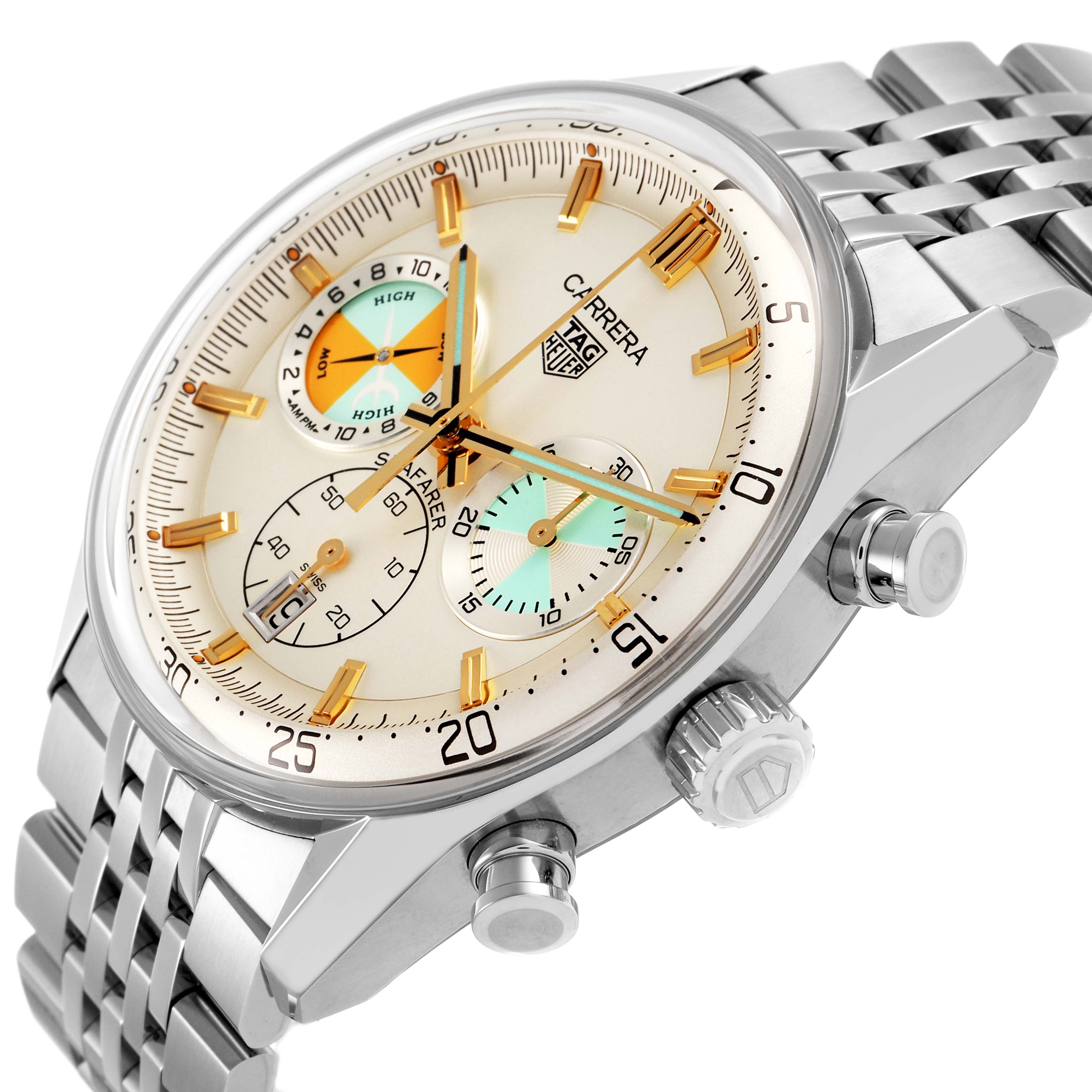 The Tag Heuer Carrera CBS2016.EB0430 Men's Stainless Steel Beige Dial watch is shown at a slight angle, highlighting the dial, bezel, pushers, and part of the bracelet.