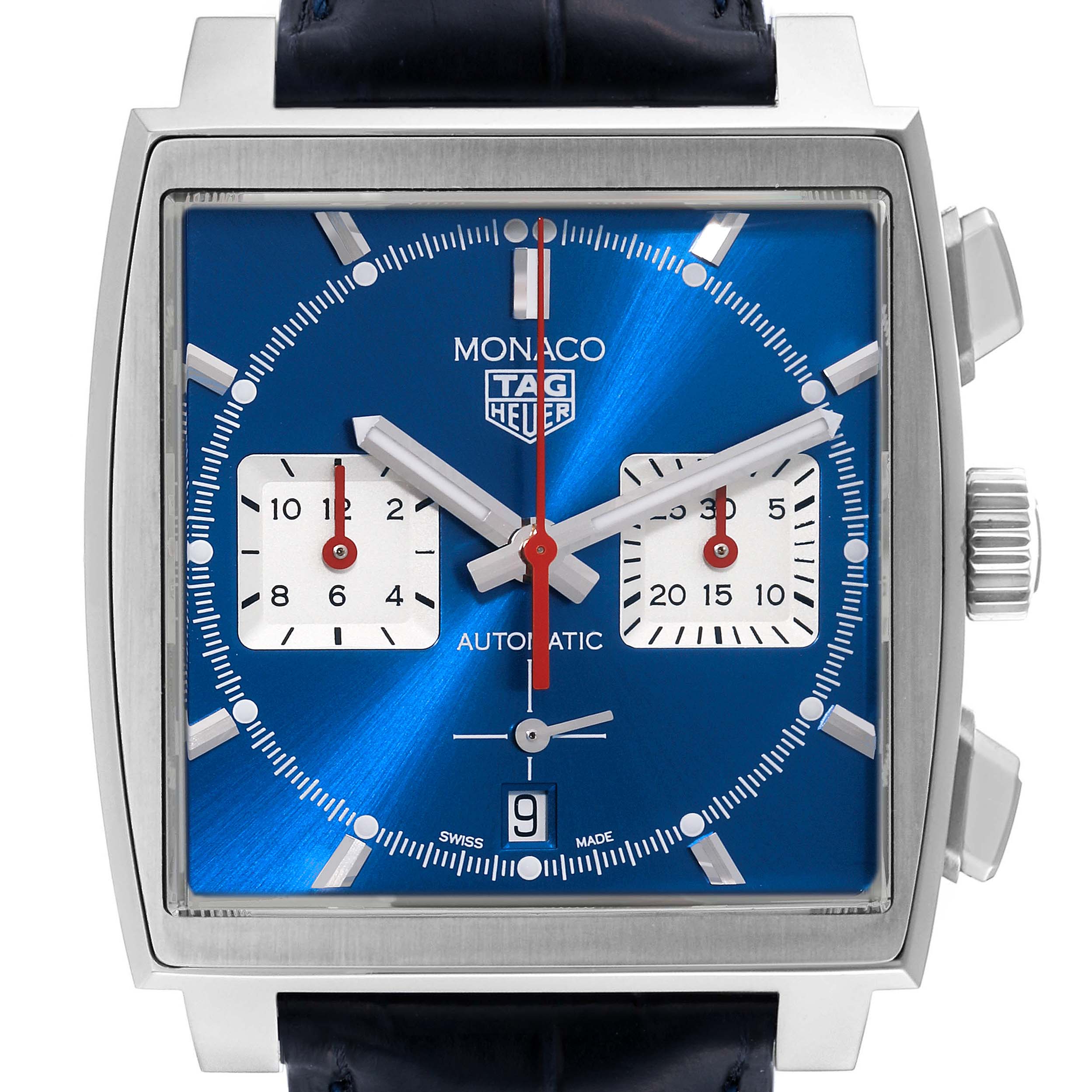This is a frontal view of a Tag Heuer Monaco model watch featuring a blue dial, square case, and two subdials.