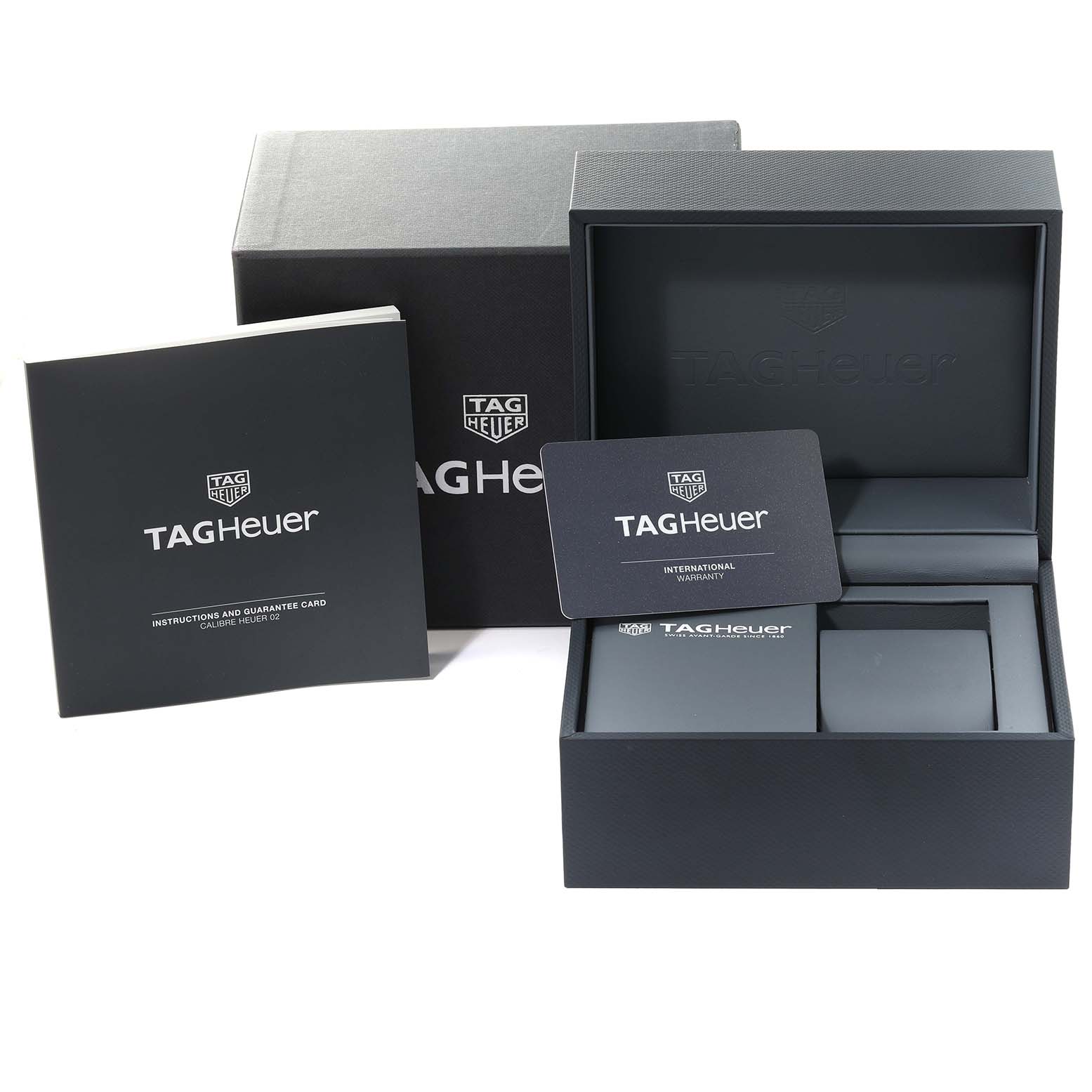 The image displays the packaging, documentation, and warranty card for the Tag Heuer Carrera CBL2111.FC6453 Men's Stainless Steel Blue Dial CBL2111.FC6453 Men's Stainless Steel Blue Dial model watch.