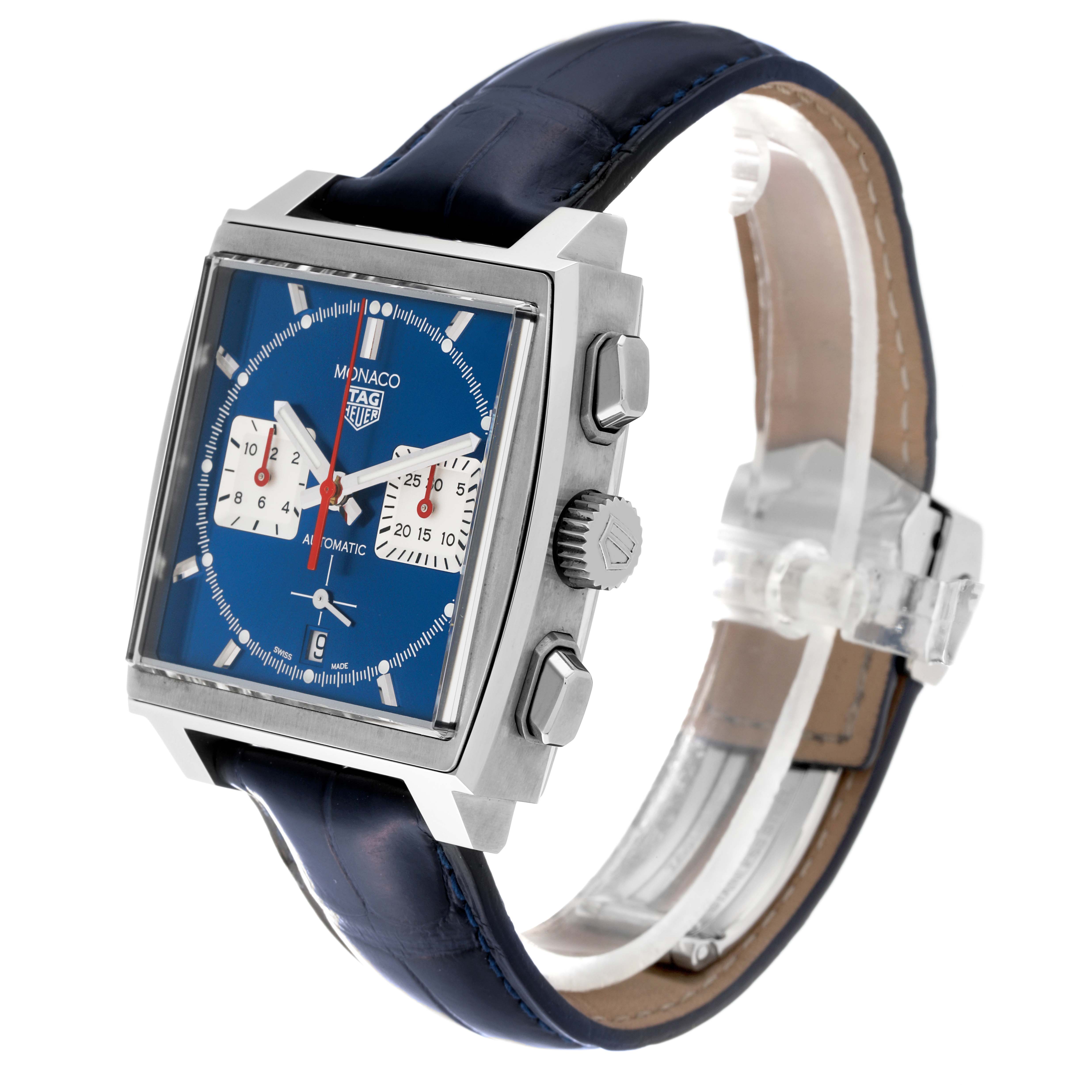 The Tag Heuer Carrera CBL2111.FC6453 Men's Stainless Steel Blue Dial CBL2111.FC6453 Men's Stainless Steel Blue Dial watch is shown at a slight angle, highlighting its square face, side buttons, crown, and blue leather strap.