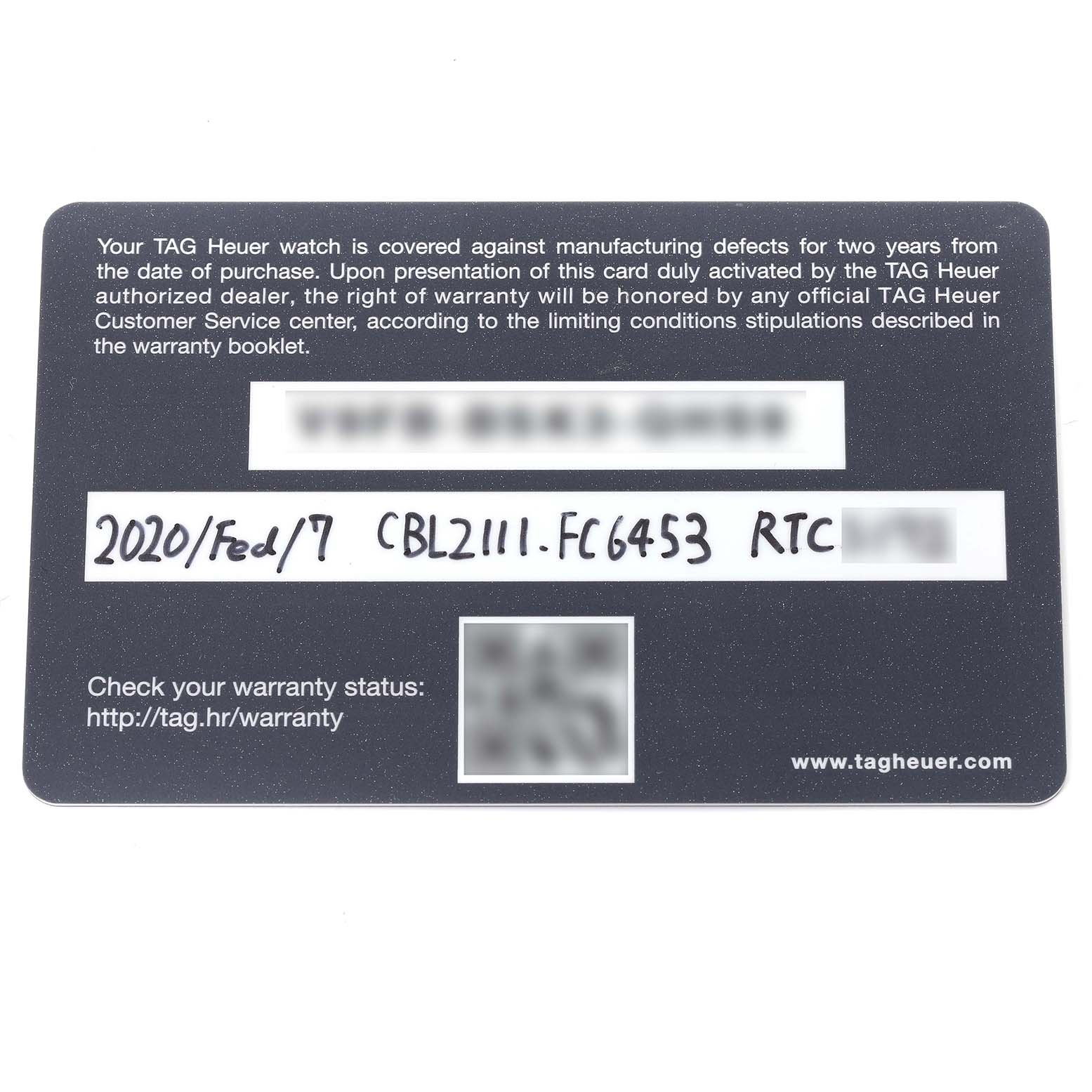The image shows the warranty card for the Tag Heuer Carrera CBL2111.FC6453 Men's Stainless Steel Blue Dial CBL2111.FC6453 Men's Stainless Steel Blue Dial model CBL2111.FC6453 watch.
