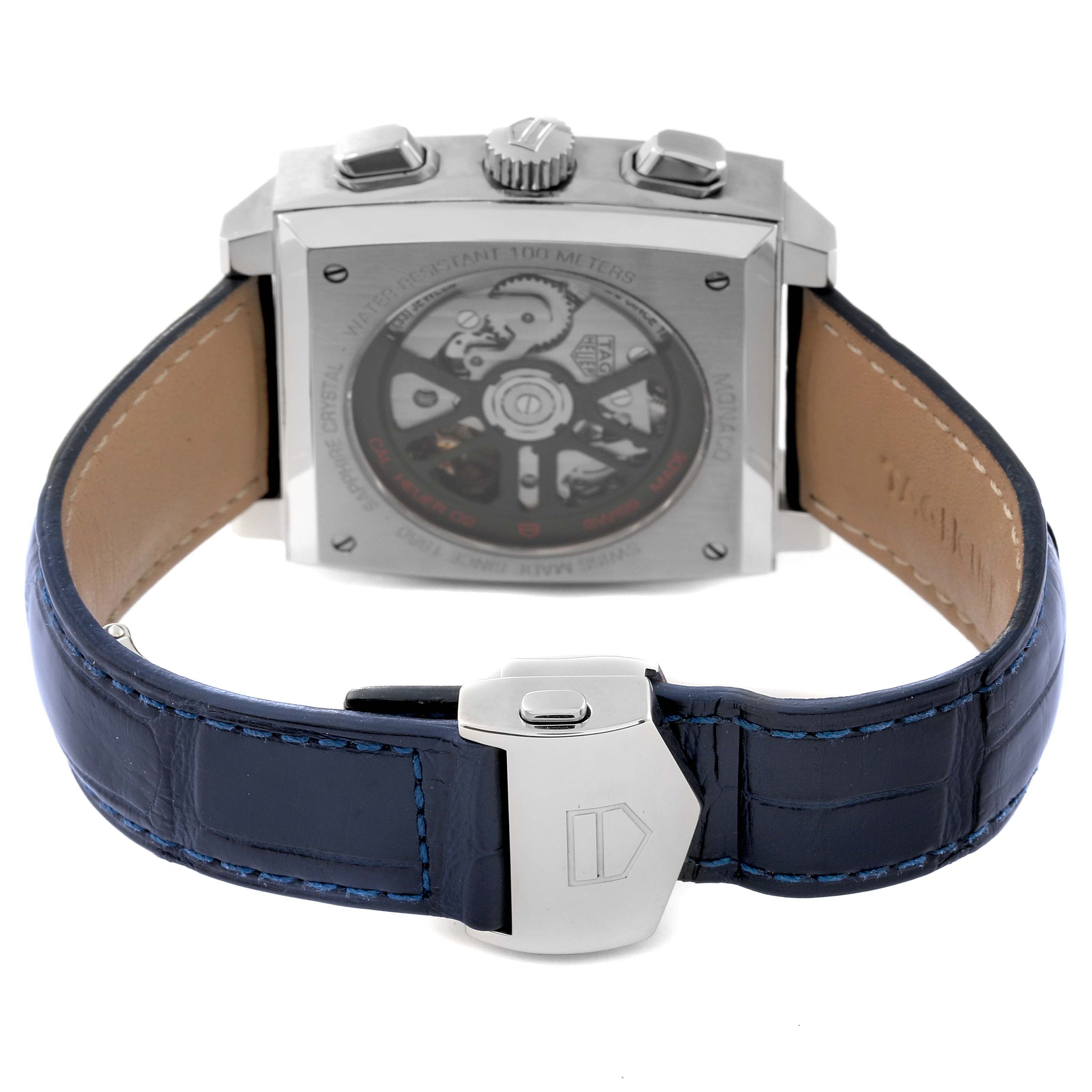 The image shows the back view of the Tag Heuer Carrera CBL2111.FC6453 Men's Stainless Steel Blue Dial CBL2111.FC6453 Men's Stainless Steel Blue Dial watch, focusing on the case and blue leather strap with a clasp.