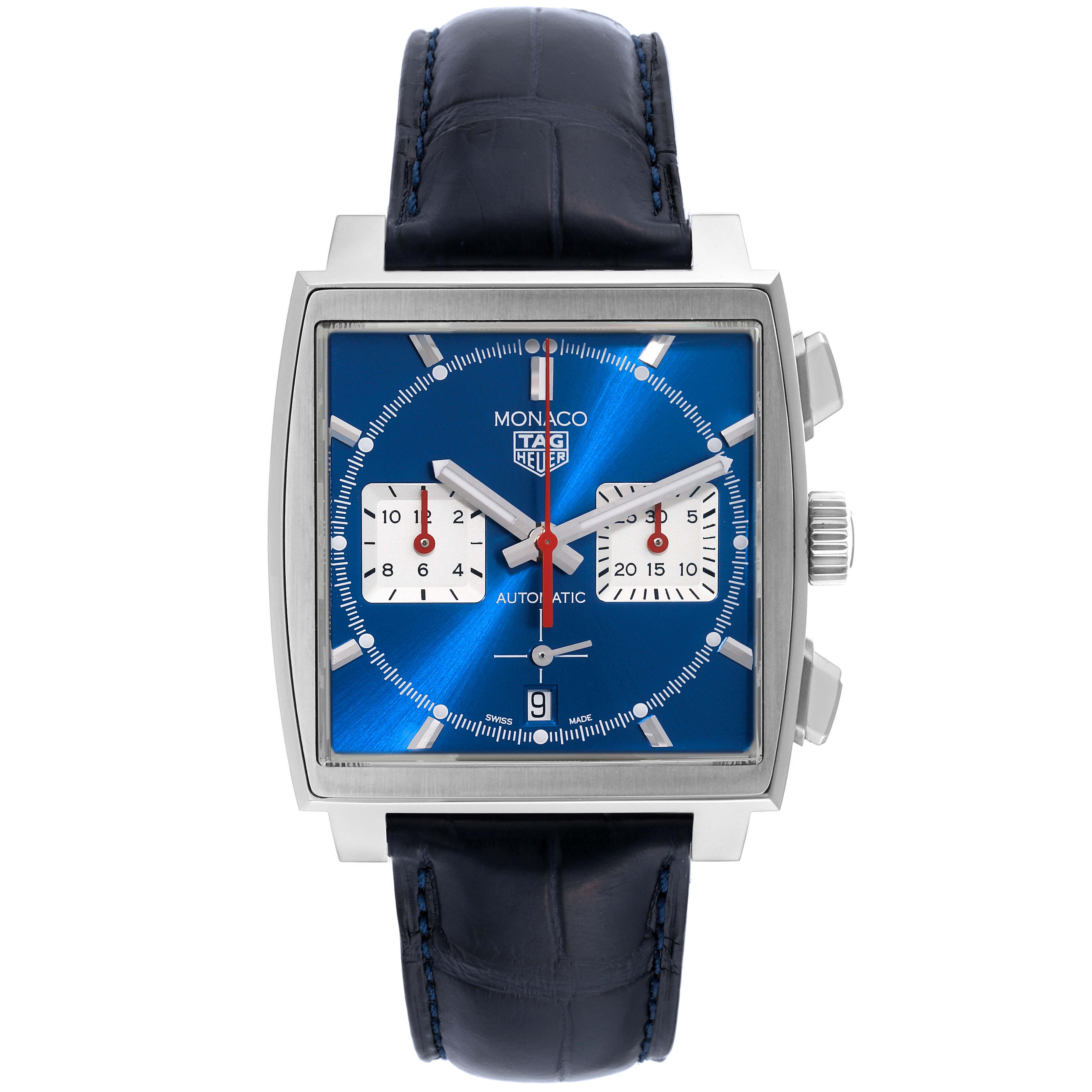 The image shows a front view of a Tag Heuer Monaco model watch with a blue dial and black leather strap.