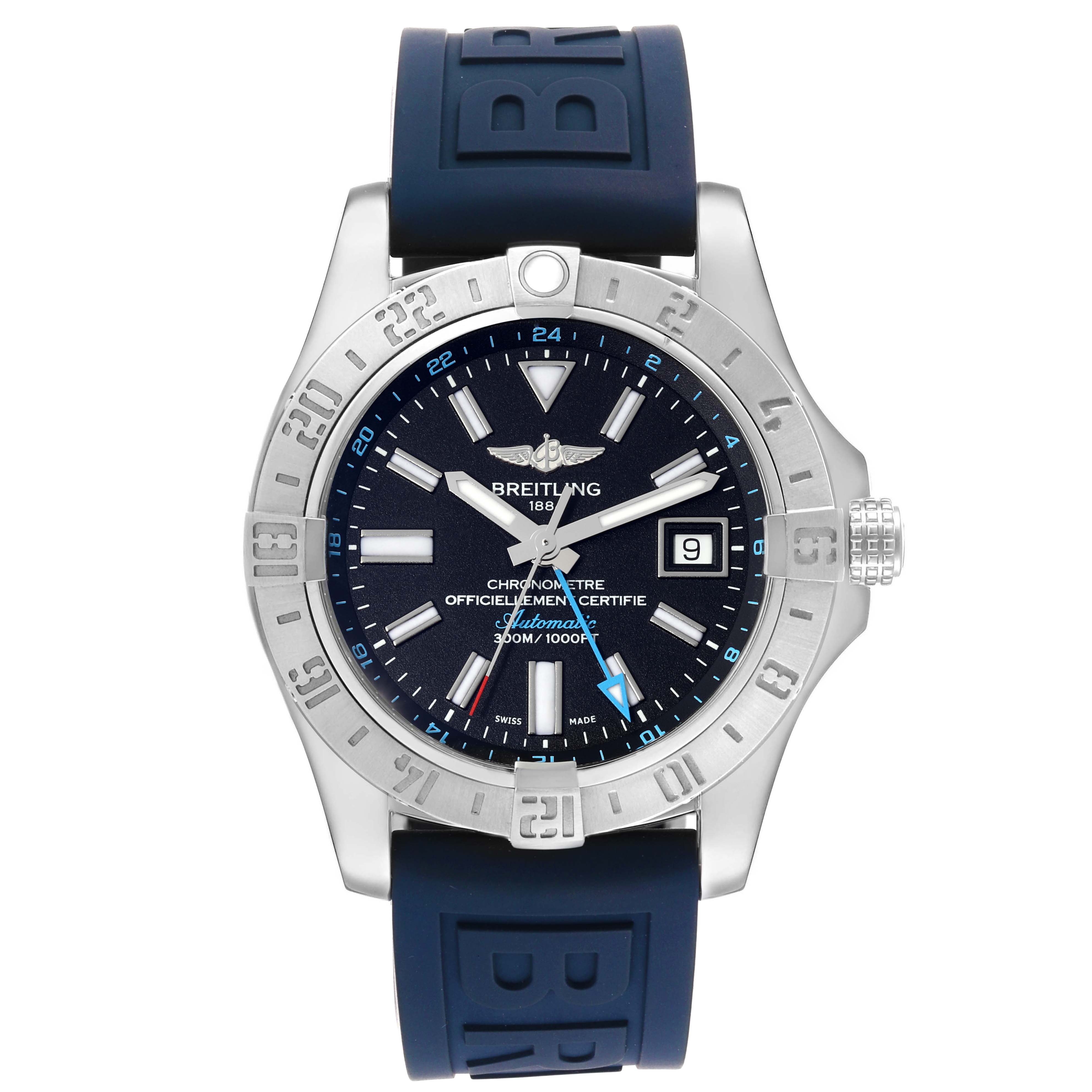 The image shows a front view of a Breitling Avenger A32390 Men's Stainless Steel Black Dial A32390 Men's Stainless Steel Black Dial watch with a blue rubber strap, date display, and stainless steel bezel.