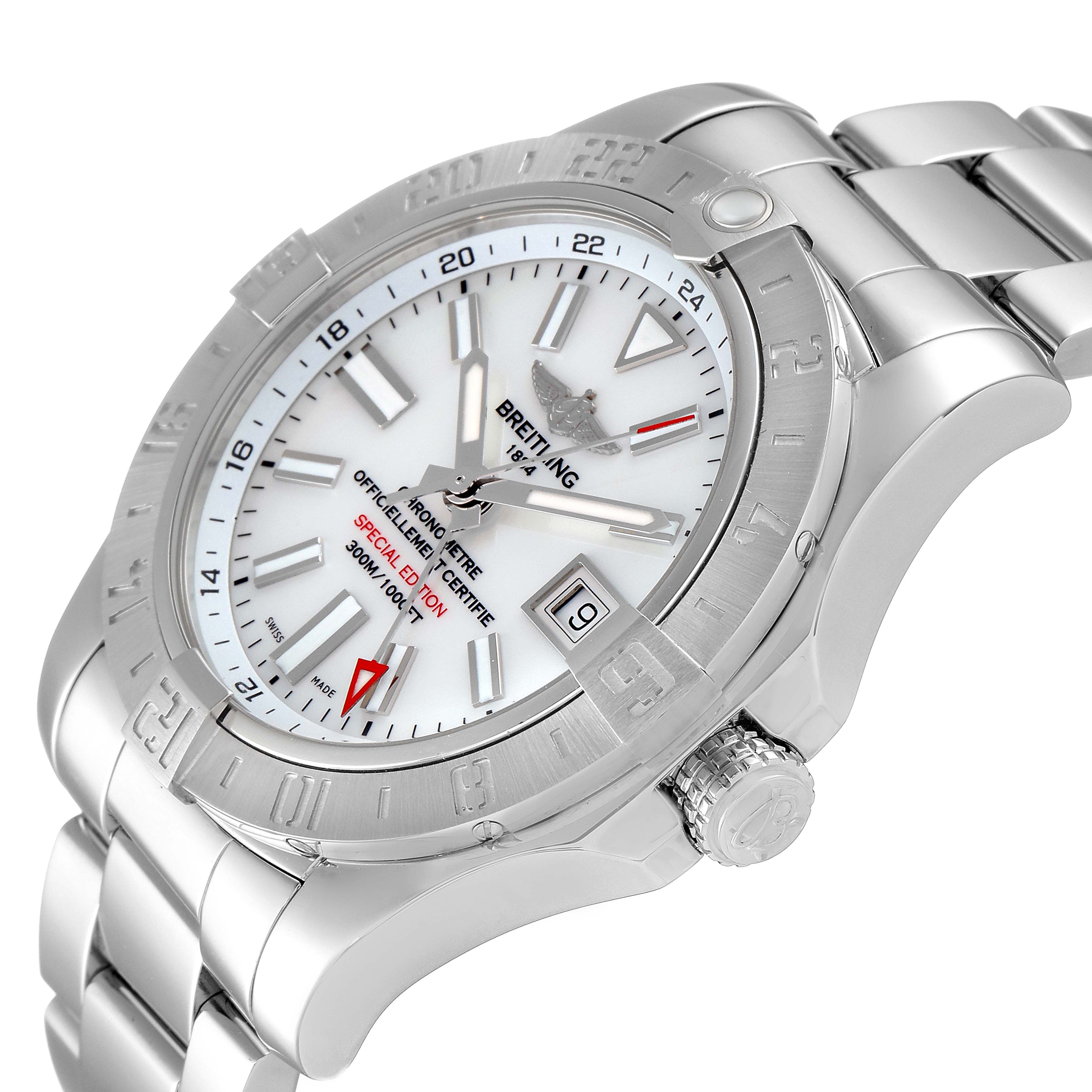 The Breitling Avenger A3239011-C872-170A Men
s Stainless Steel Mother of Pearl Dial A3239011-C872-170A Men
s Stainless Steel Mother of Pearl Dial watch is shown at a three-quarter angle, highlighting its bezel, face, and bracelet.