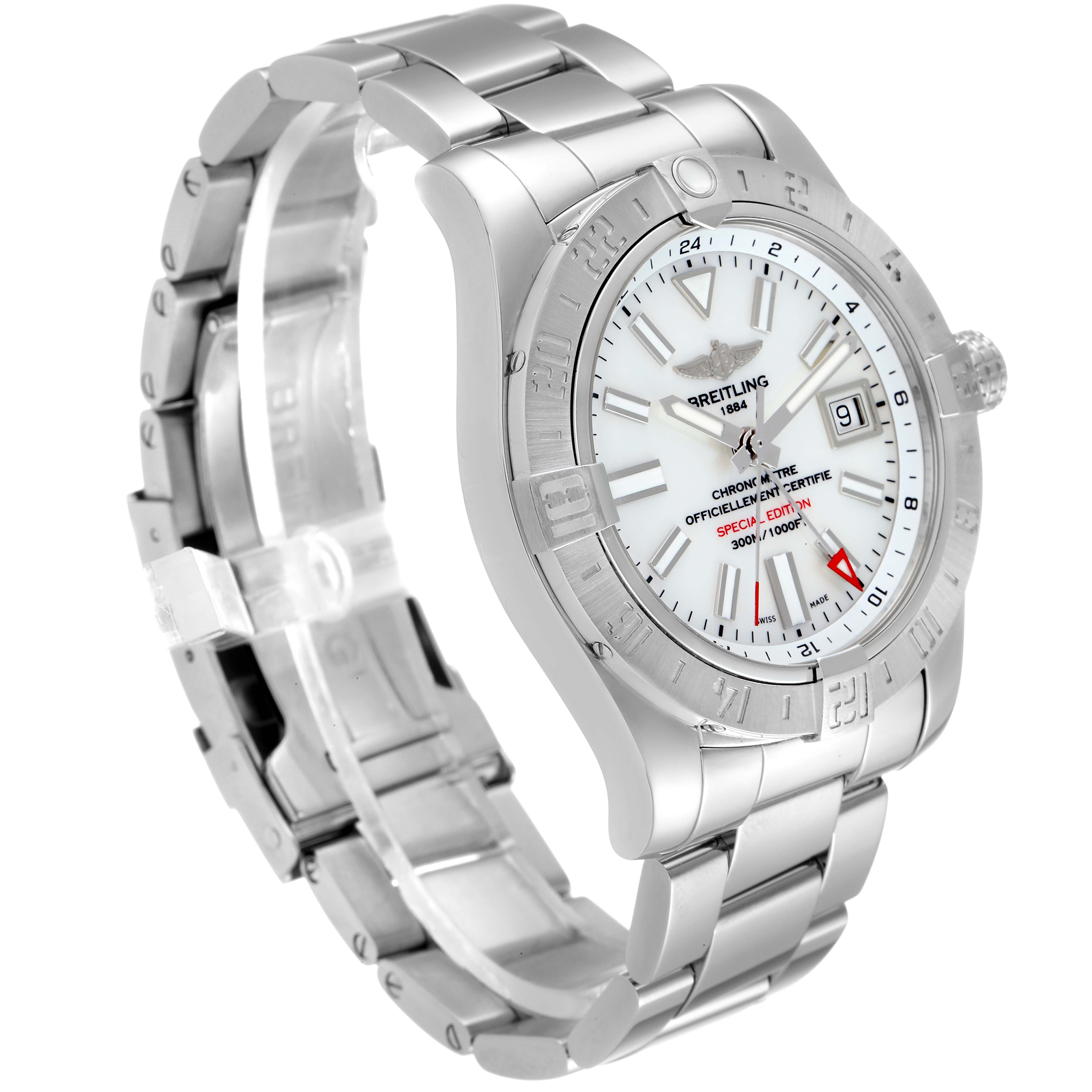 The image shows a three-quarter view of a Breitling Avenger A3239011-C872-170A Men
s Stainless Steel Mother of Pearl Dial A3239011-C872-170A Men
s Stainless Steel Mother of Pearl Dial model watch, highlighting its dial, bezel, and stainless steel bracelet.