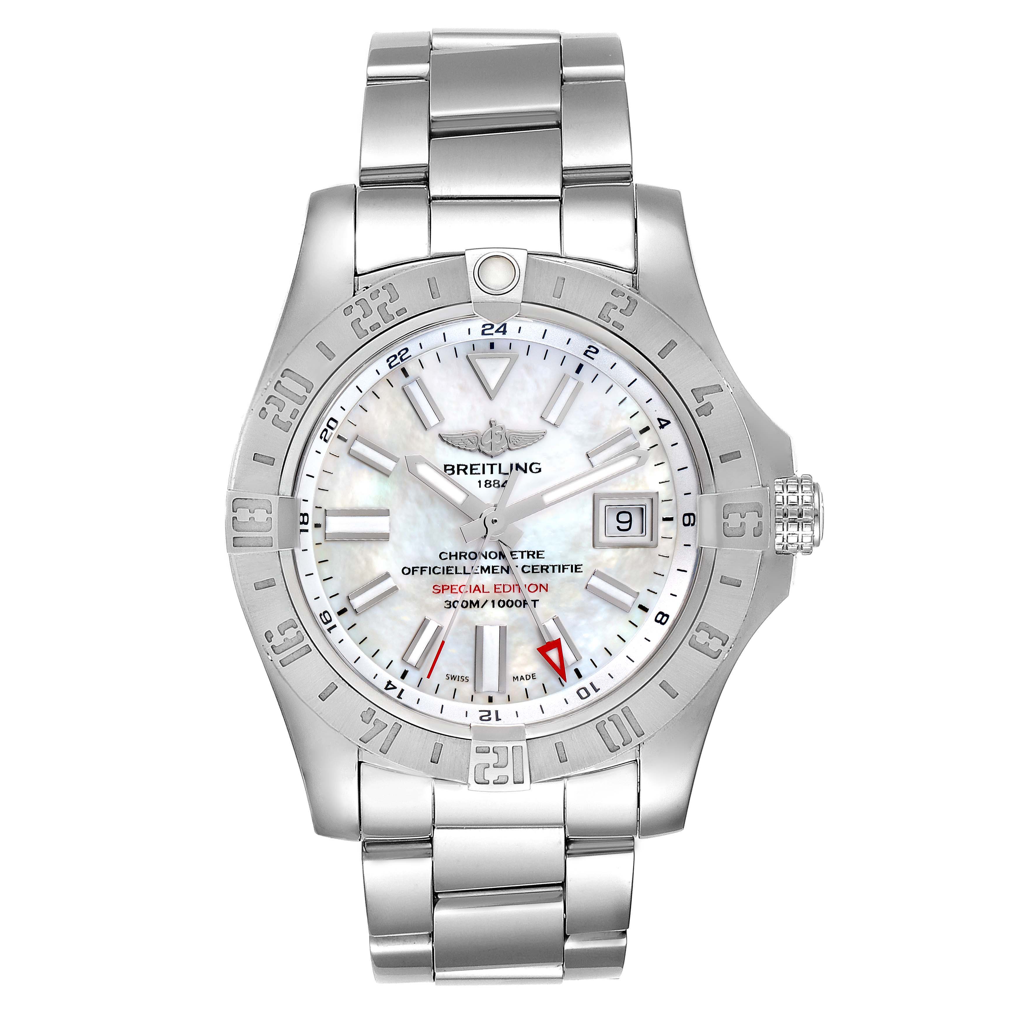 The image shows a front view of the Breitling Avenger A3239011-C872-170A Men
s Stainless Steel Mother of Pearl Dial A3239011-C872-170A Men
s Stainless Steel Mother of Pearl Dial watch, highlighting its face, bezel, and stainless steel bracelet.