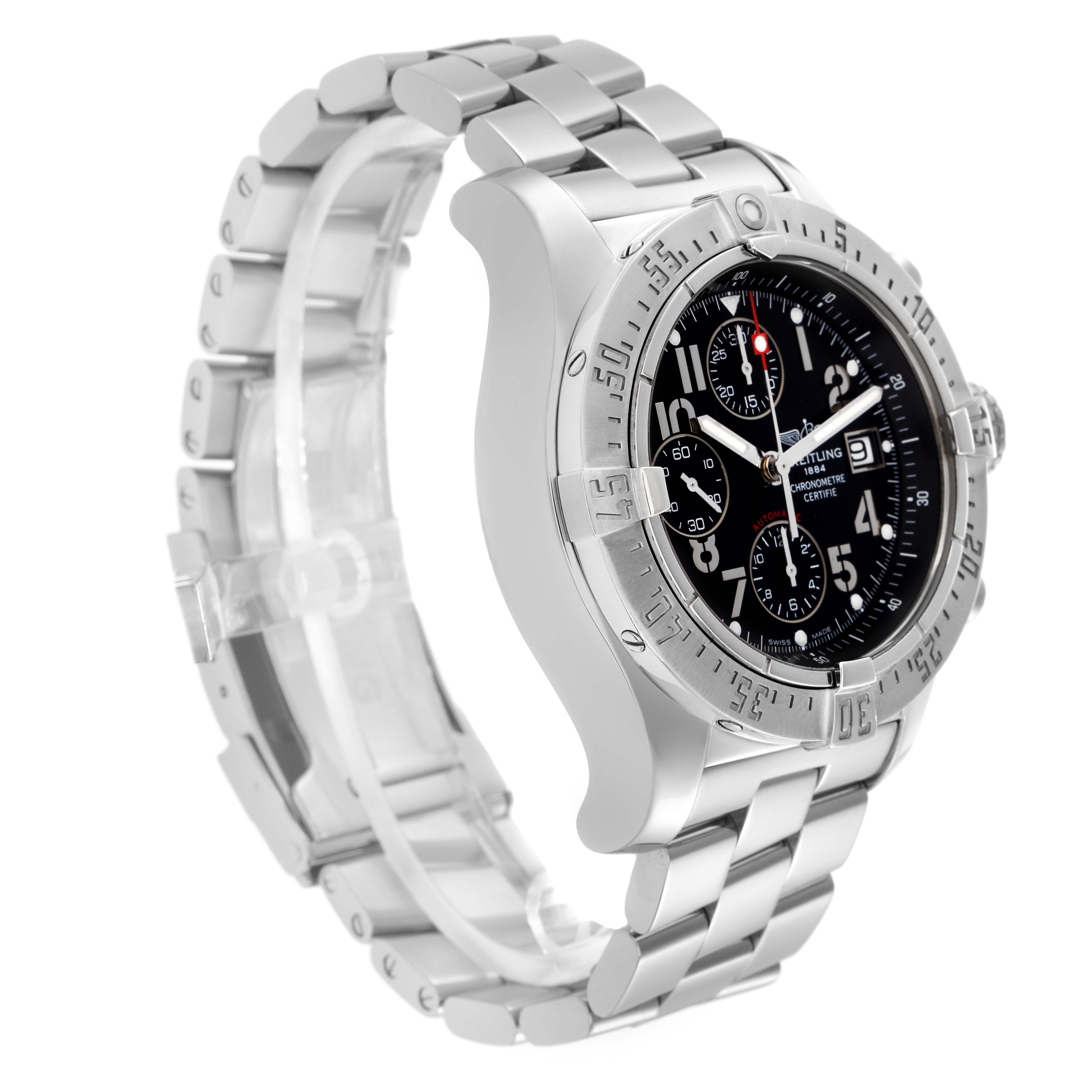 The Breitling Avenger A1338012/B975 Men's Stainless Steel Black Dial A1338012/B975 Men's Stainless Steel Black Dial watch is shown at a three-quarter angle, displaying the dial, bezel, and metal bracelet.